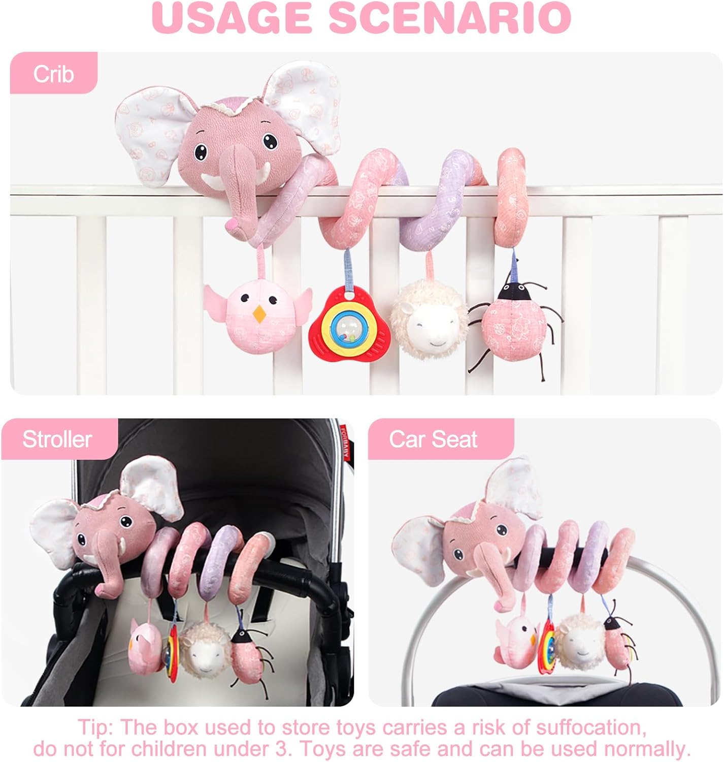 Jollybaby Baby Car Seat Stroller Toys, Plush Activity Hanging Spiral Activity Pram Crib with Music Box, Rattles, Squeaker for Babies Infant Boys Girls(SZ Pink Elephant)