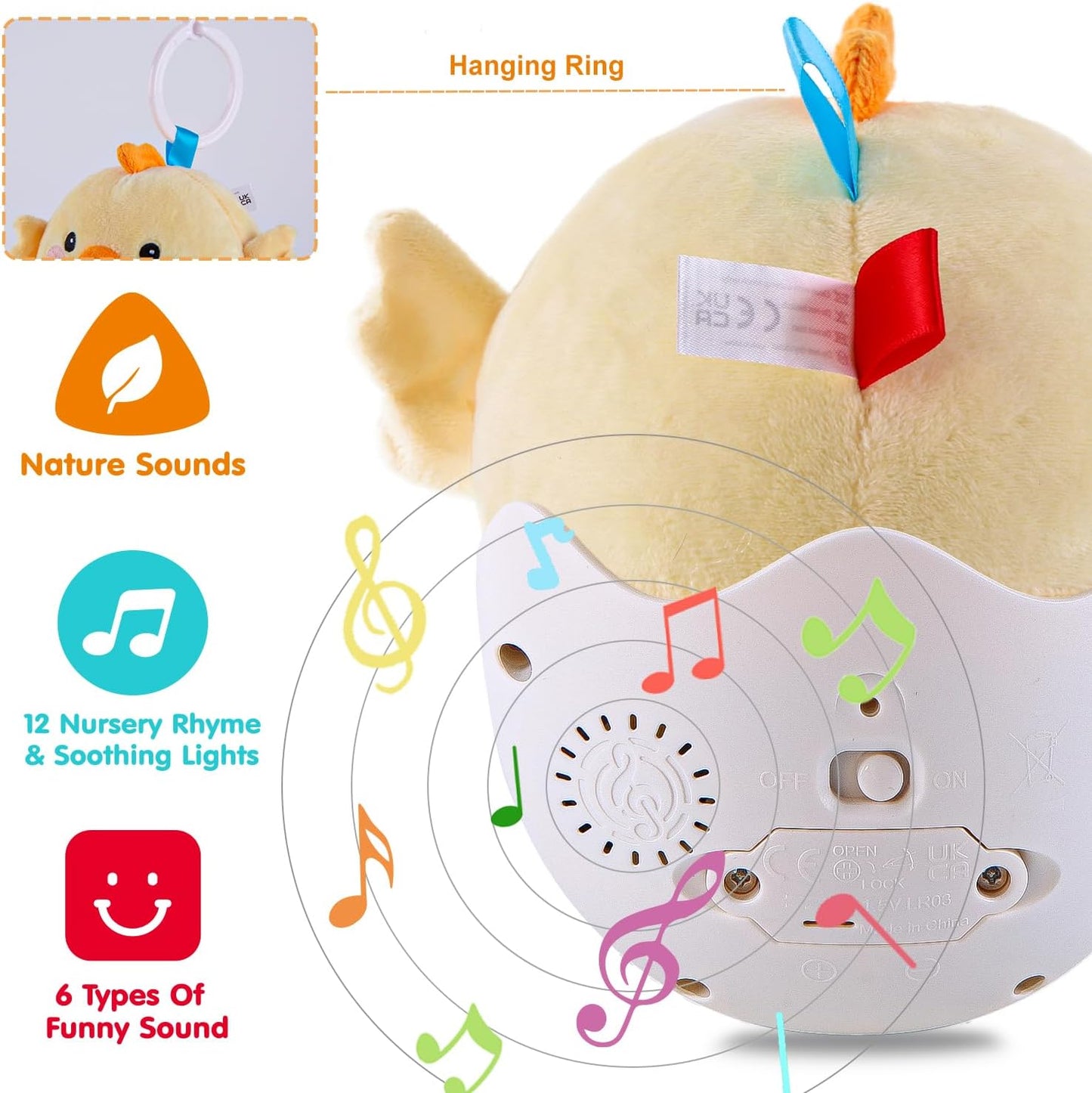 Baby Toys 0-6-12 Months, Chick Musical Plush Cute Stuffed Animal Infant Tummy Toys with Light & Sounds, Roly-Poly Sensory Toy Birthday Easter Egg Gift for Newborn Boys & Girls