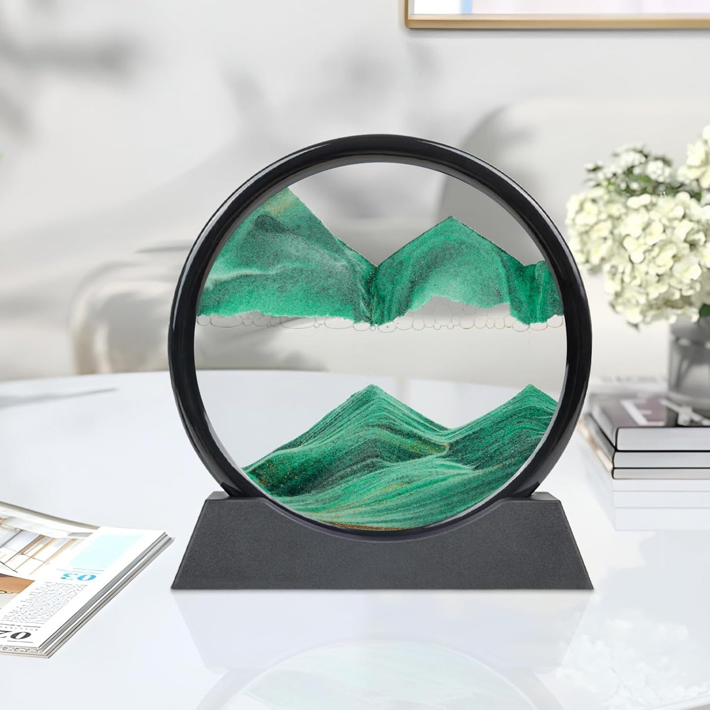 Drakswet Moving Sand Art Liquid Motion,Moving Sand Art Picture-3D Deep Sea Sandscape,Round Glass Frame Display Flowing Sand Relaxing Desktop Home Office Work Decor (Green)