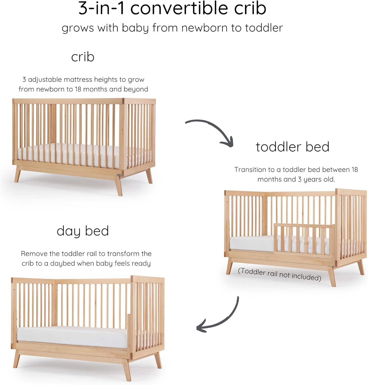dadada Baby Soho 3-in-1 Convertible Wooden Crib to Toddler Bed - Made in Italy, GREENGUARD Gold Certified, Baby-Safe Finish, Sustainable Beech Wood, Modern Design, 3 Adjustable Heights (Natural)