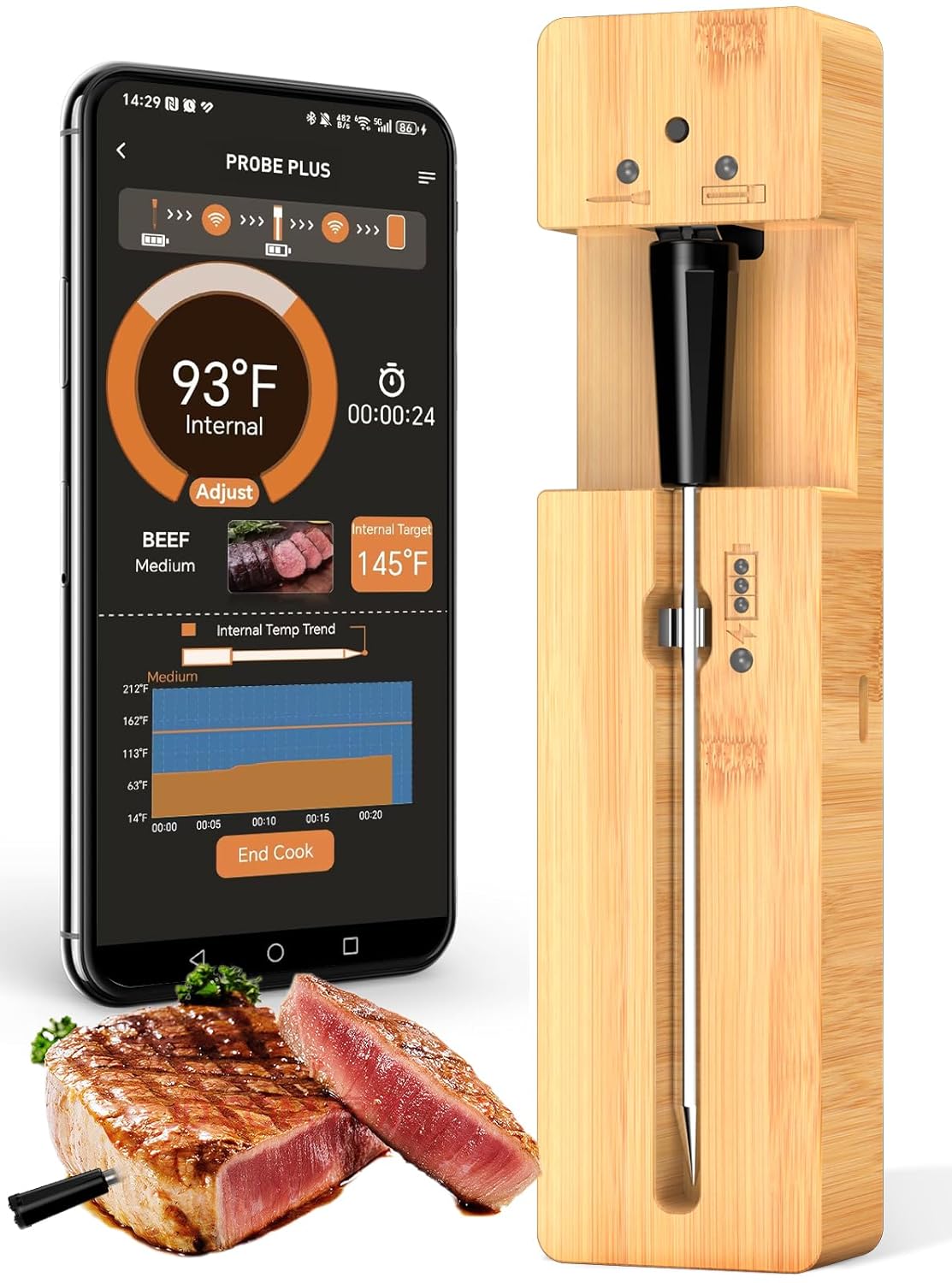 Real-Time Alerts Wireless Meat Thermometer - Smart Bluetooth Meat Probe for Grill, BBQ, Oven, Smoker - Long Range Bluetooth, Accuracy Temp, Dishwasher Clean, Waterproof - Perfect for BBQ Lovers