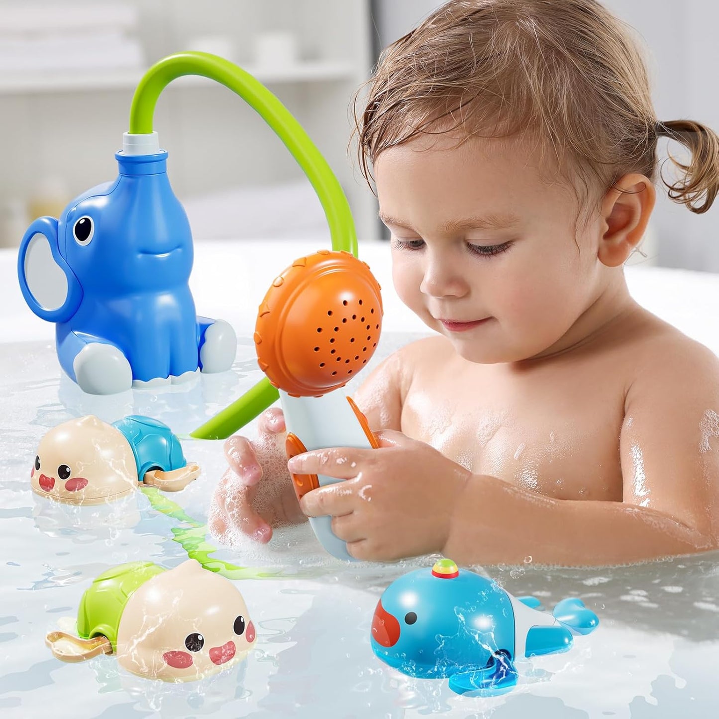 Baby Bath Shower Head Toys for Kids, Bath Toys for Infants with Elephant Water Pump for Kids 2-4, 3 Pack Wind-up Pool Toys for Kid, Bathtub Toys 18-24 Months Toddlers Boys Girls