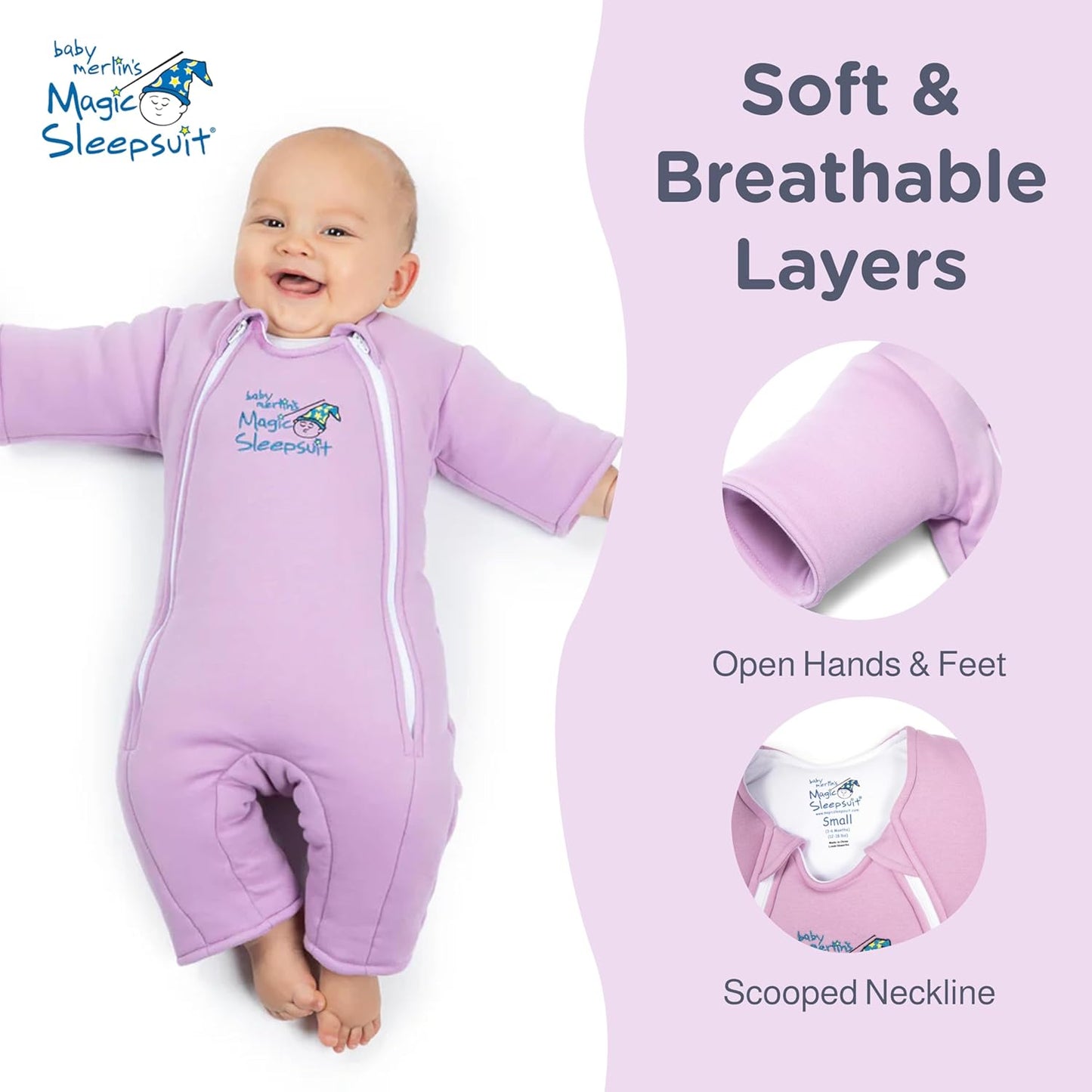 Magic Sleepsuit Baby Merlin's Cotton Baby Swaddle Transition Product - Soft and Cozy Design, Double Zipper for Easy Diaper Changes, Promotes Safe Sleep, 3-6 Months - Lavender - Small 12-18lbs