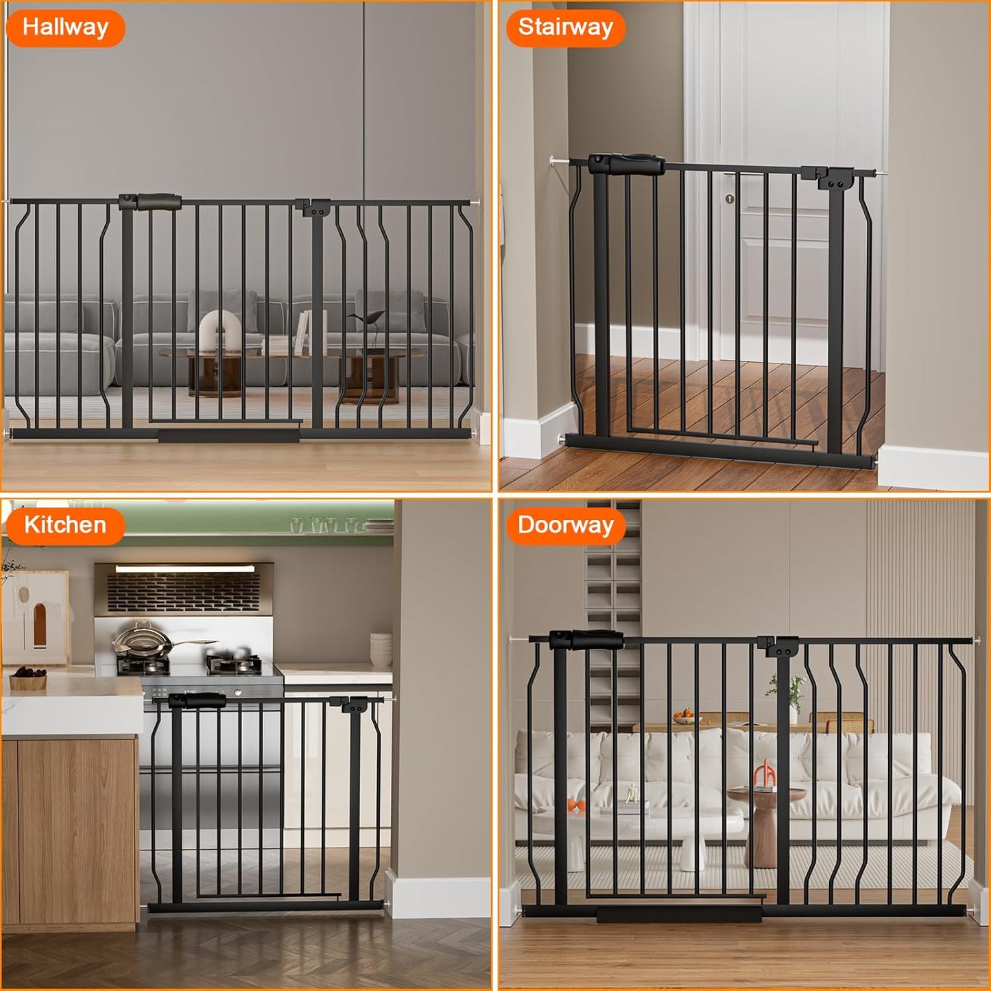 HOOEN 30" Tall Extra Wide Baby Gates for Doorways Stairs 76 to 86 in Large Long Pressure Mounted Pet Dog Gate Metal Tension Indoor Child Safety Gates with Extension Kits