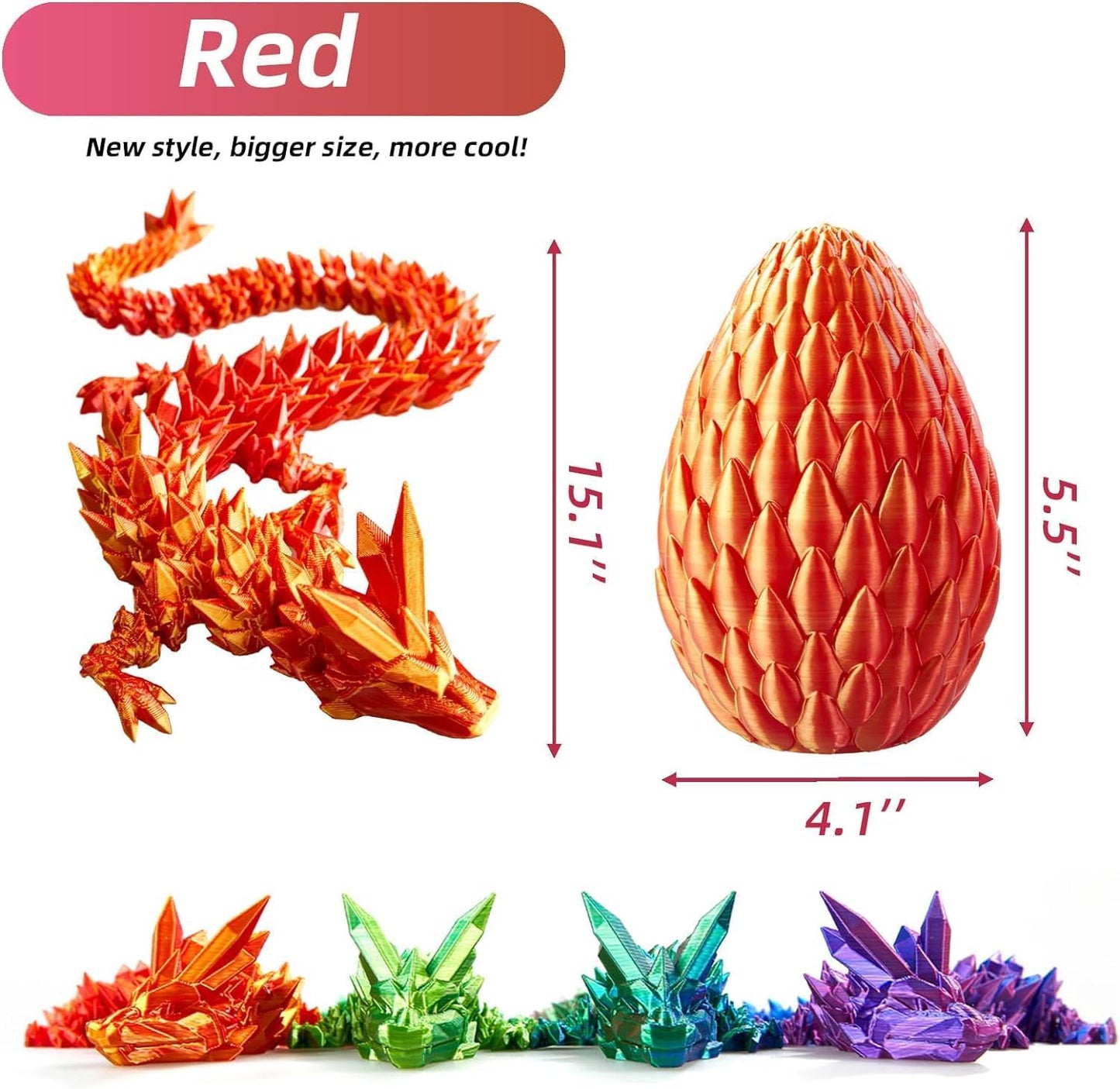 12inch 3D Printed Dragon Egg,Mystery Crystal Dragon Fidget Toys,Articulated Dragon,Home Desk Decor Easter Surprise Dinosaur Eggs,Adults Fidget Toys for Autism/ADHD (Laser Red)