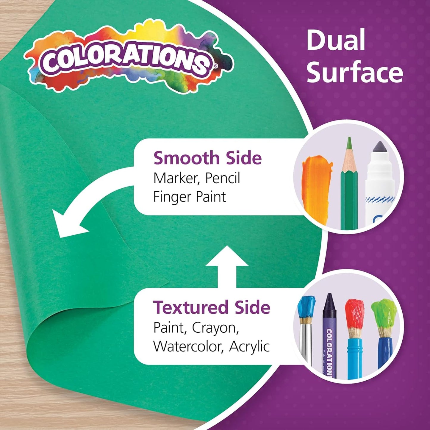 Colorations Dual Surface Paper Roll, Bright Green, 36" x 1000', Textured Paper, Classroom Craft & Art Supplies, Bulletin Board, Gift Wrapping, Chalkboard Wallpaper