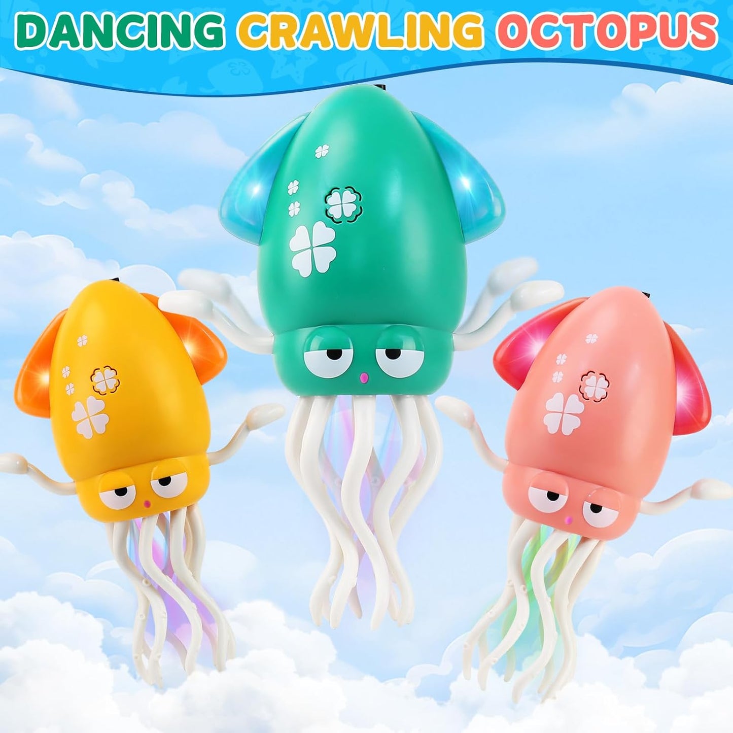 USB Rechargeable Dancing Octopus Baby Toy - Electric Crawling & Tummy Time Toy, Magical Musical Squid, Birthday for Kids Ages 1 2 3 4 5 6, Boys & Girls (Yellow)