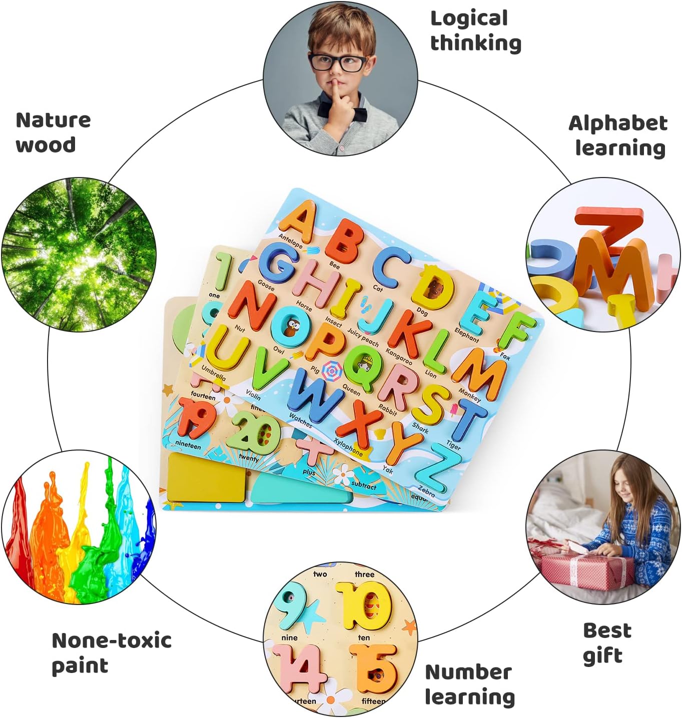 Wooden Puzzles for Toddlers, Voamuw Alphabet Number Shape Learning Education Preschool Toys for Kids Ages 3-6 Years Old (Set of 3)