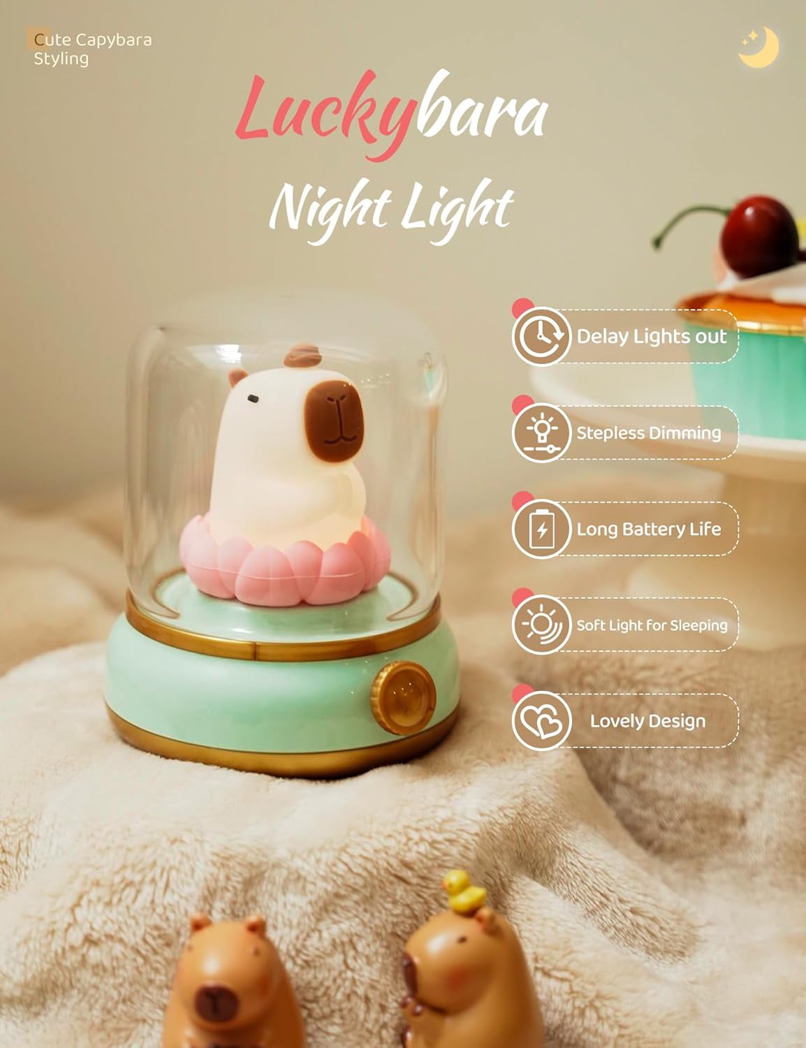 Lucky Capybara Night Light, Cute Rechargeable Lamp for Kids, Rotatable Brightness Adjustment, Lucky Capybara Gift (Yellow)