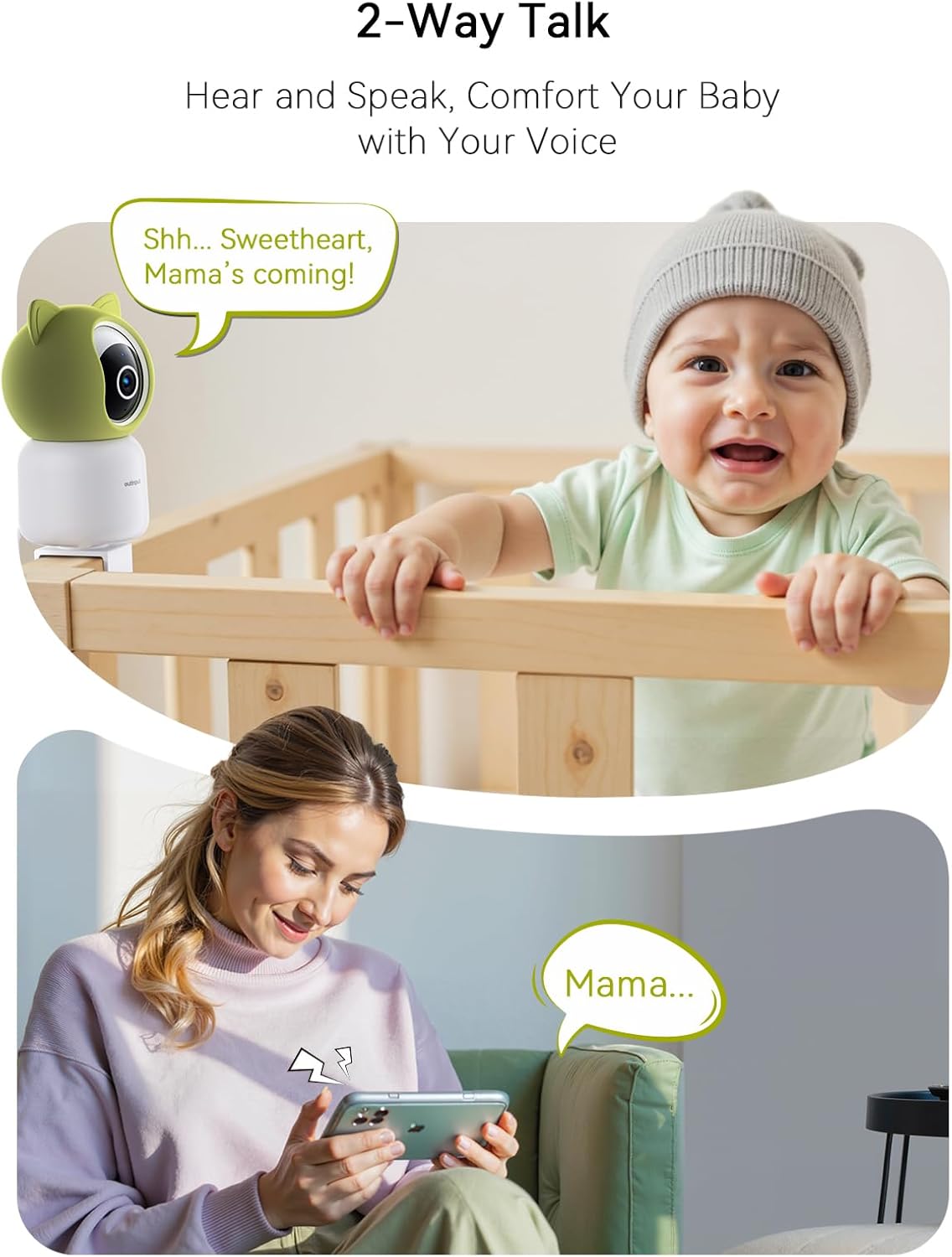 Outinput Smart WiFi Baby Monitor 2K 4MP, PTZ Indoor Cam for Nursery, Crying/Feed/Temp/Humidity Alerts, Night Vision w/Gentle Light, Soothing Lullabies for Baby Sleep, App Control, Cloud&Local Storage