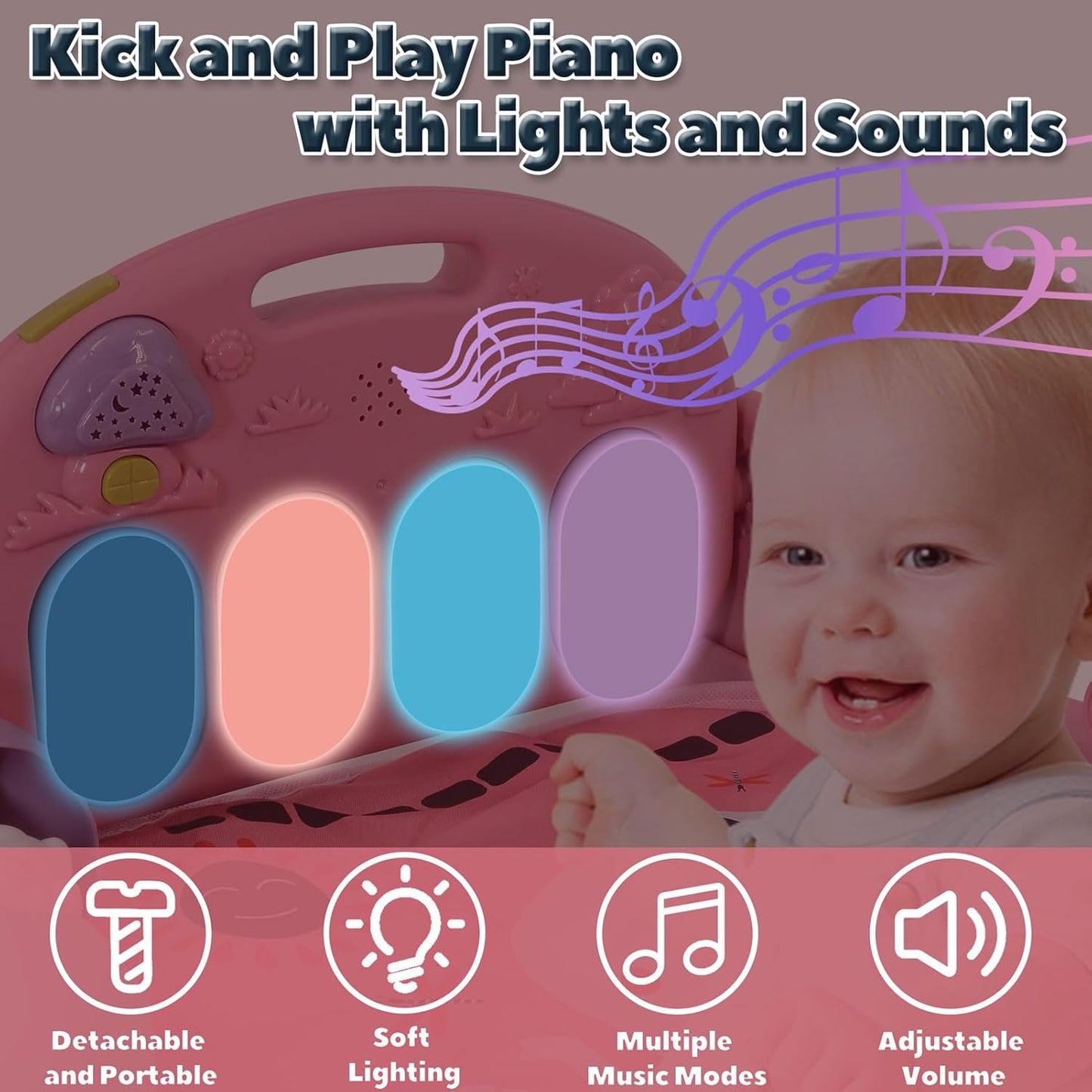 Baby Play Gym for 0-6 Months, High Contrast Tummy Time Mat, Kick and Play Piano, Music and Lights, Newborn Gifts for Girls, Pink