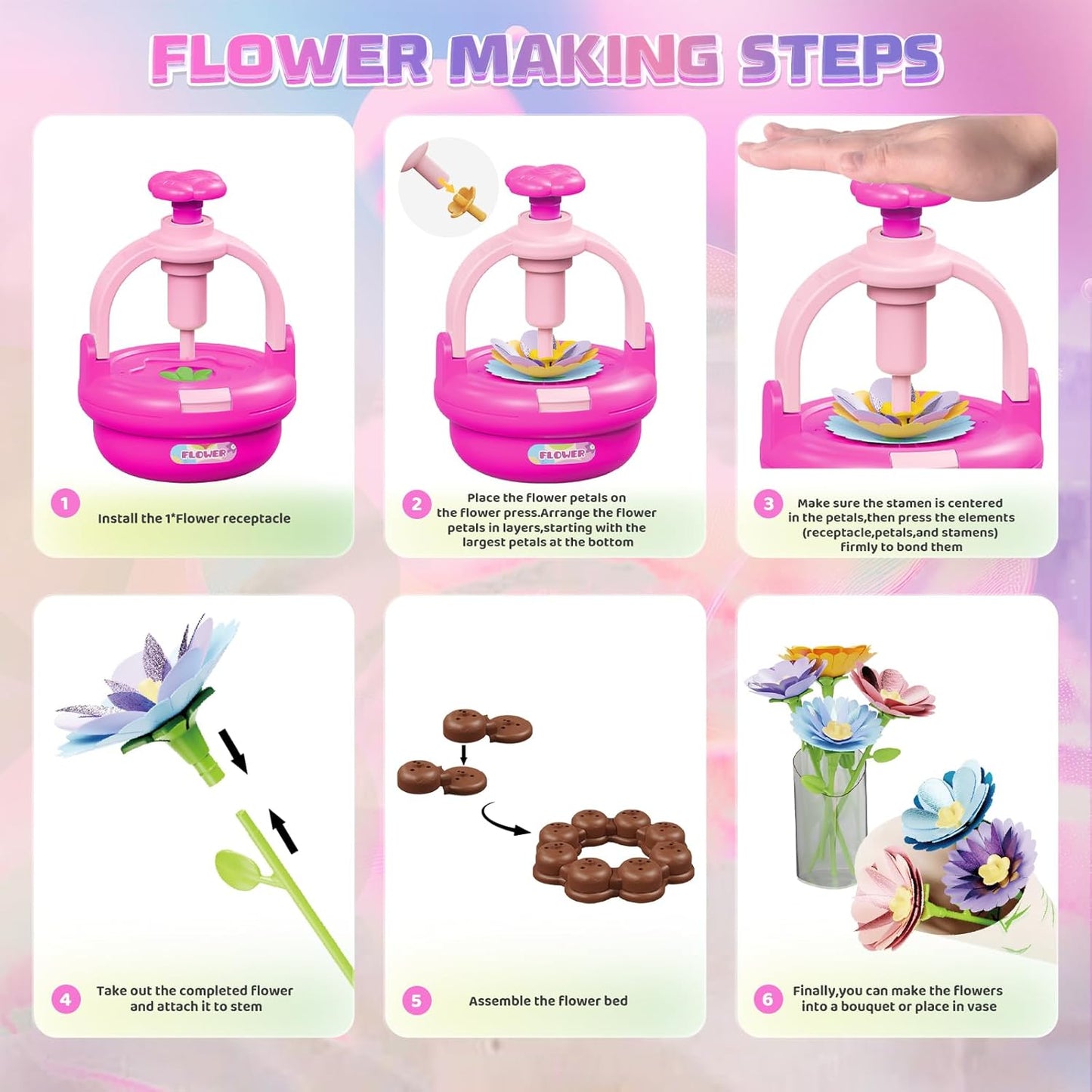 Plunack Flower Bouquet Craft Kits for Kids Age 4-8, Flower Press Kit DIY Flowers Making Toy for 4 5 6 7 Year Old Girls Arts & Crafts Toys Educational Handmade Activity Set, Birthday Gift for Girls 3+