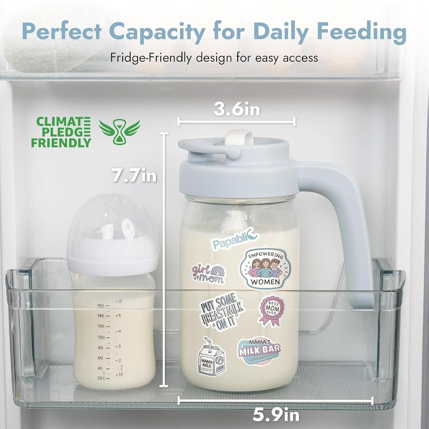 Papablic Glass Breastmilk Pitcher, Formula Mixing Pitcher with Mixing Handle Lid, Wide Mouth Mason Jar Mixer with Flip Locking Spout, Easy to Clean, BPA Free, Blue