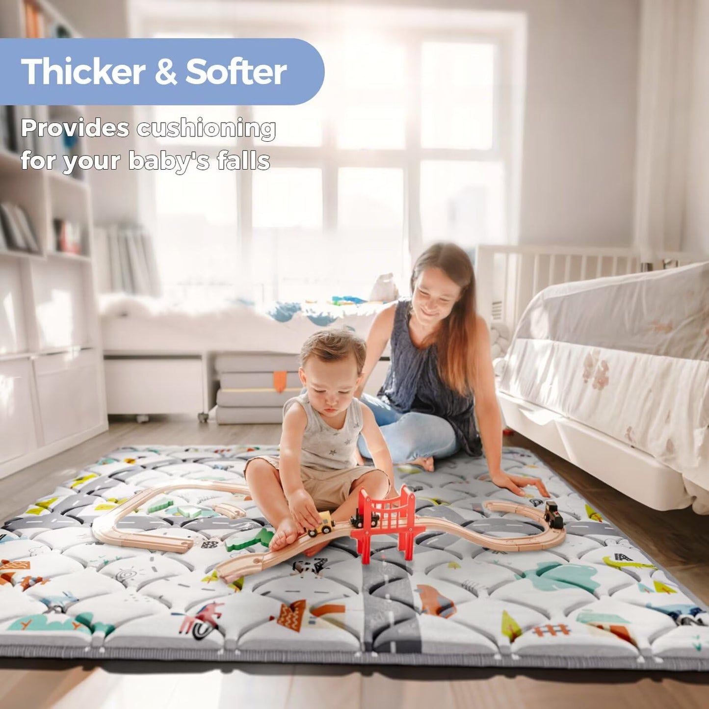 Car Portable Baby Play Mat 50x50 Playpen Mat Upgraded Thicken Baby Floor Play Mat Non-Slip Cushioned Crawling Mat Waterproof Activity Playmats for Babies Toddlers Infants (50x50, Letter Car)