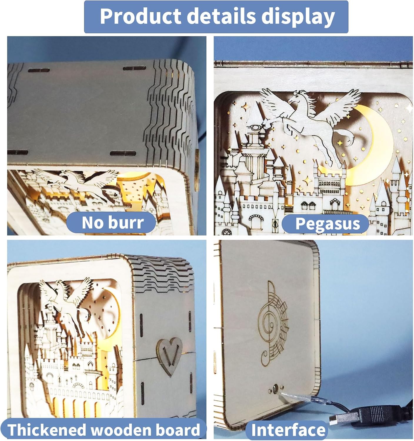 Music Park 3D Wooden Puzzles for Adults, Unique Pegasus Castle Building Model Kit Night Lights, DIY Desk Decor Birthday Gifts Crafts for Adults and Kids Family Game