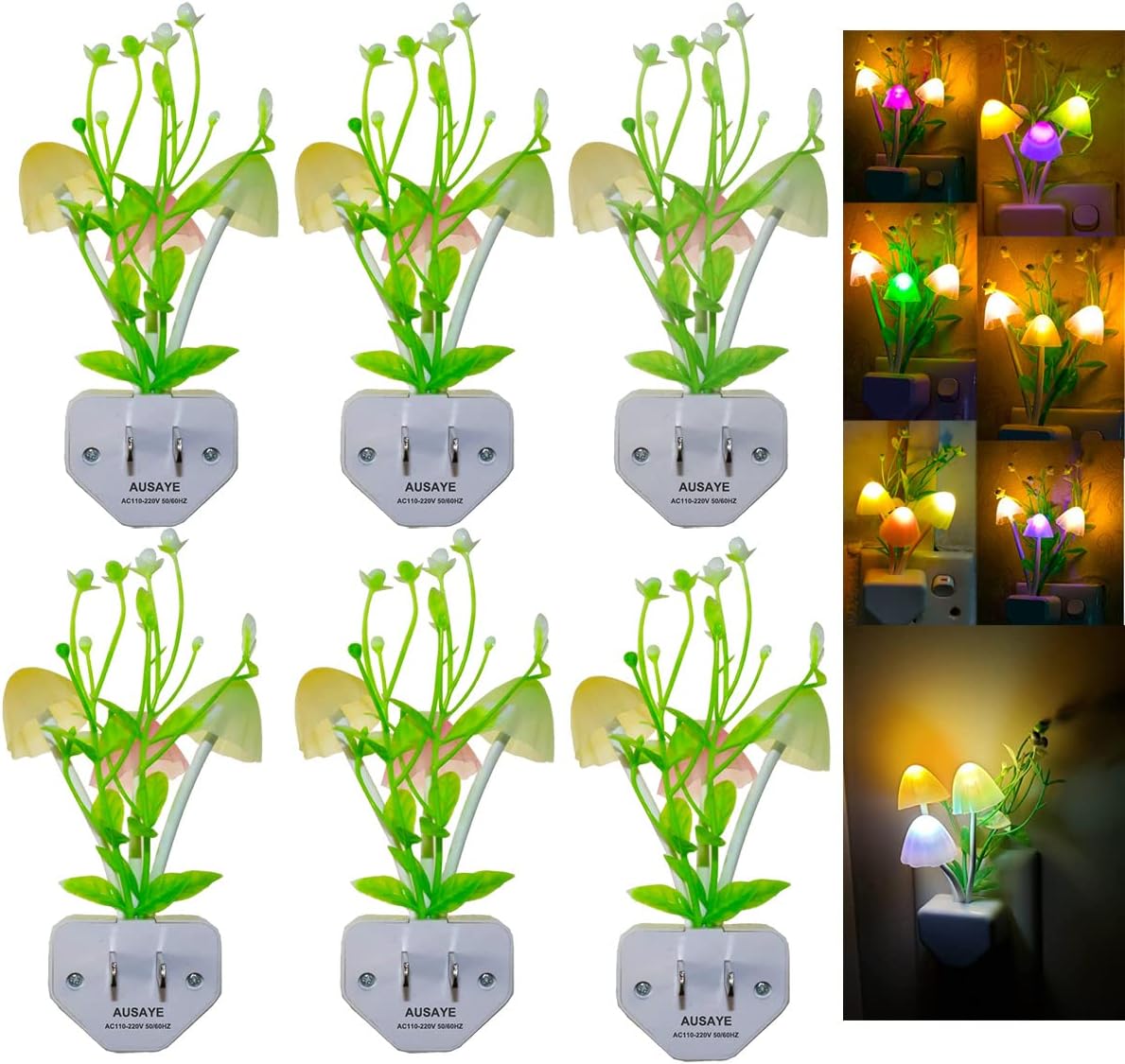 AUSAYE Sensor Night Light Plug in Mushroom Light LED Color Changing Nightlights for Kids, Adults, Bedroom, Bathroom,Hallway, Stairs, Kitchen Pack of 6