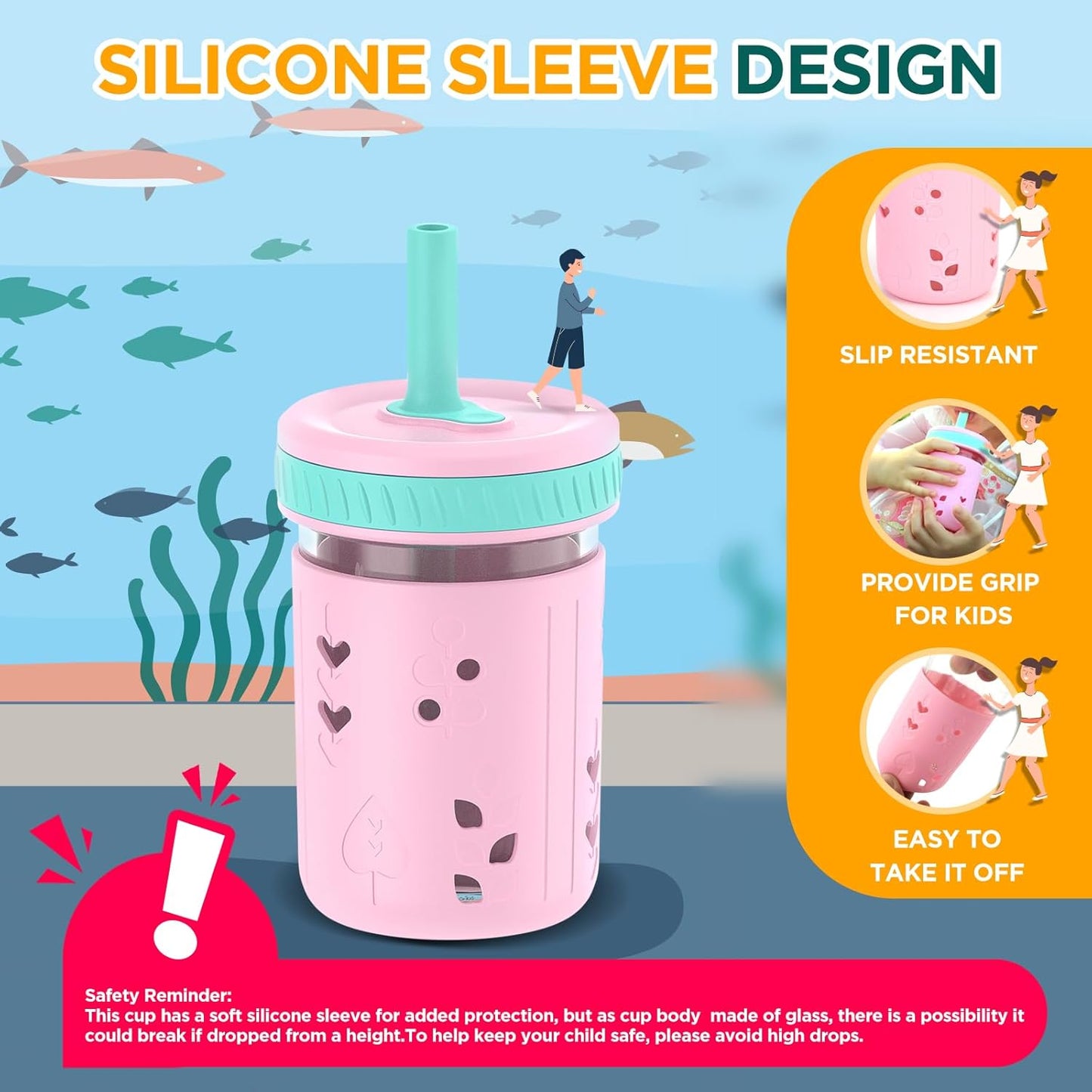 Tronco 8 oz Glass Sippy Cup for Toddlers, Kids Mason Jar Smoothie Cup with Silicone Sleeves & Spill Resistant Flexible Straw, Snack Cup, BPA-Free, Dishwasher Safe