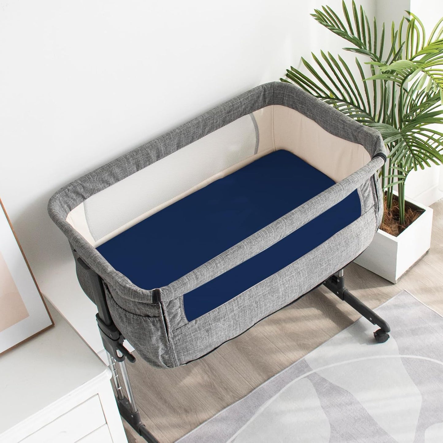 Waterproof Bassinet Sheets Fit for Halo, Dream on Me, Ingenuity, Fisher Price, Delta, Graco and Other Oval Bassinet Mattress, 2 Pack, Ultra Soft Microfiber Sheets, Grey & Navy