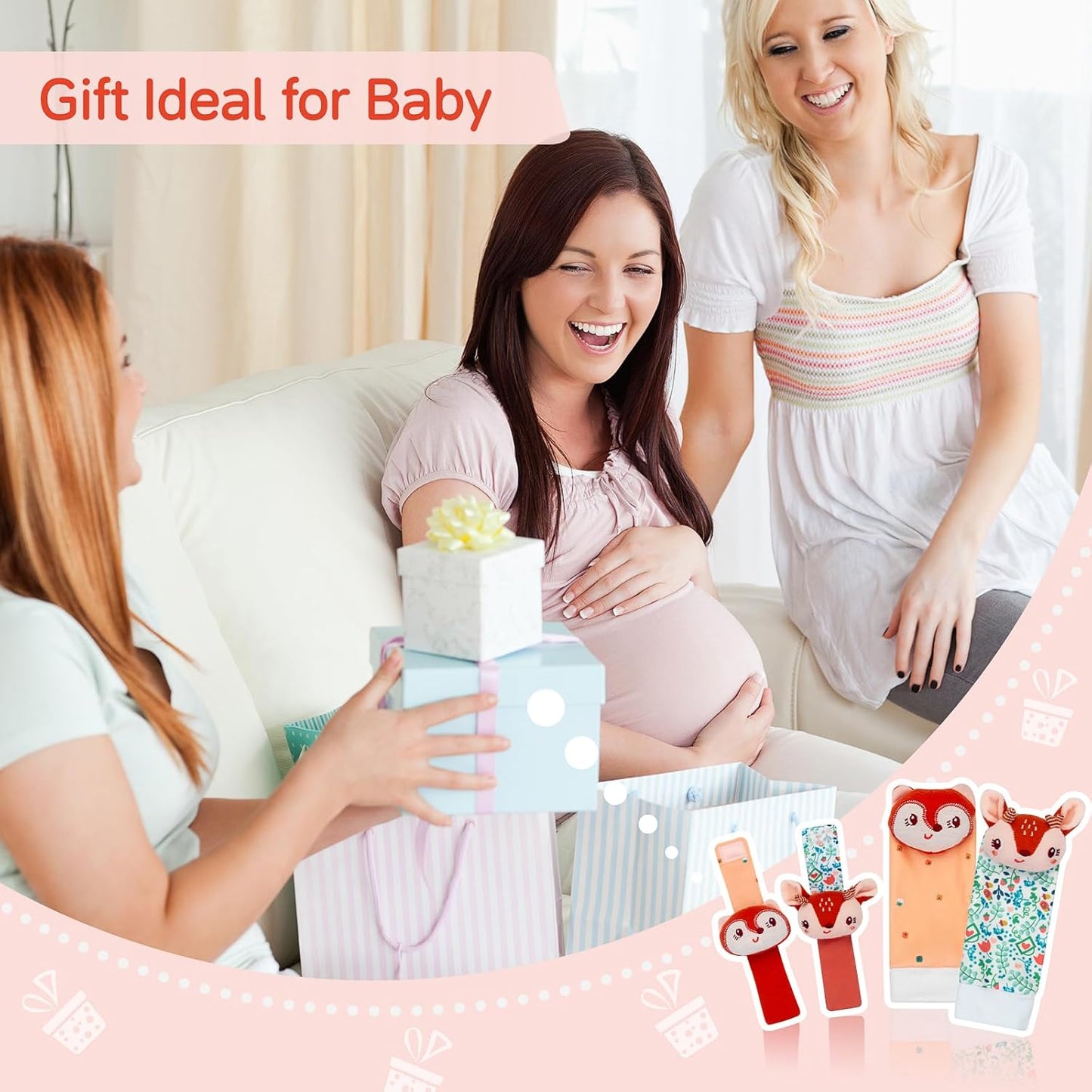 Lovely Animal Wrist Rattles & Sock Toy for Baby Infant 0-6 6-12 Month Old Newborn Soft Toy Hand and Foot Finder Girl Boy Birthday Shower Easter Gift Set for Babies