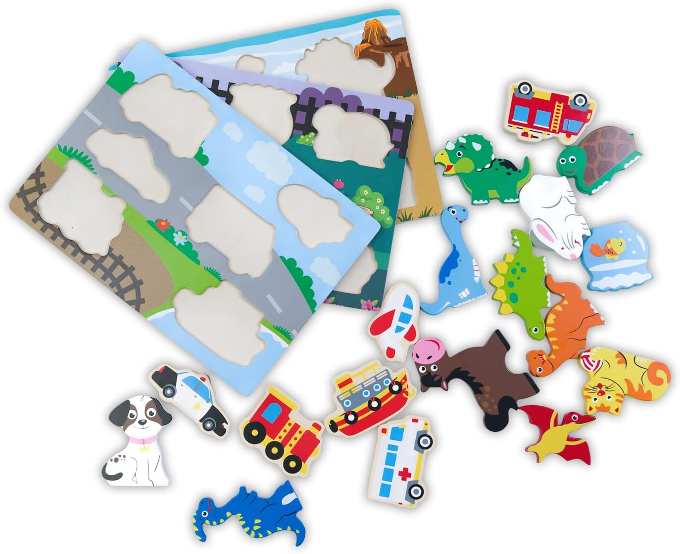 Wooden Chunky Puzzles Set - Dinosaurs, Vehicles and Pets Animals Wooden Puzzles Preschool Early Learning Toy Gift for Kids Toddlers 1-3