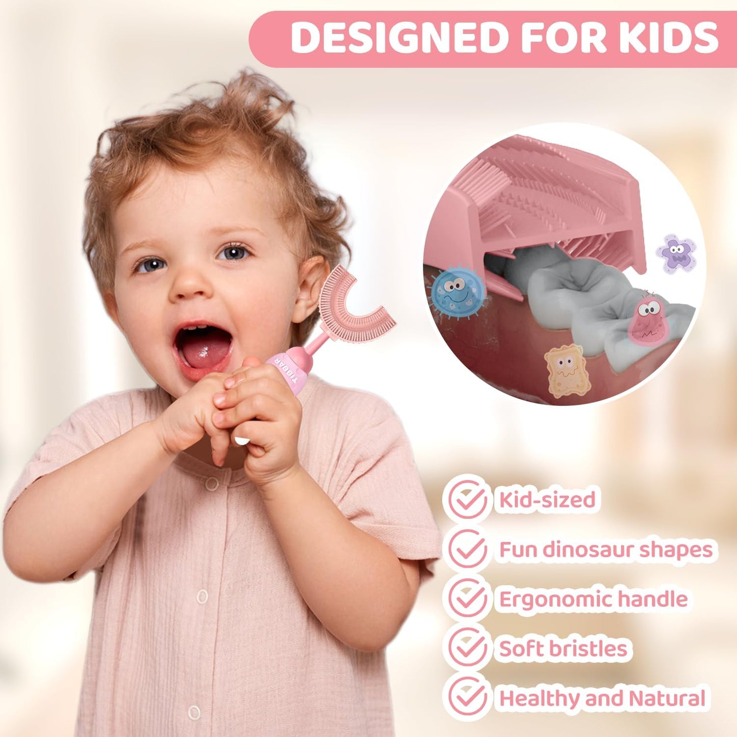 U-Shaped Toothbrush for Kids Ages 2-7,Soft Food-Grade Silicone for Sensitive Gums,360° Teeth Cleaning Design,Training & Travel-Friendly Toddler's Toothbrush (Pink)