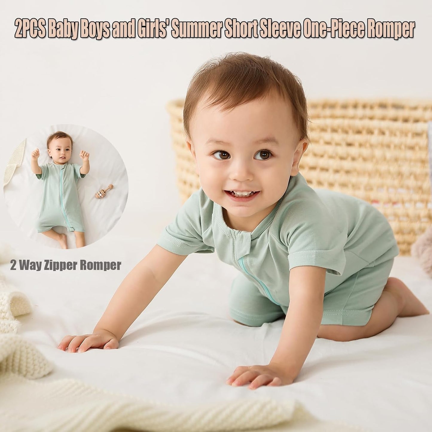 Feidoog Baby Boys 2Pack Rompers Summer Short Sleeve 2 Way Zipper One-Piece Romper Jumpsuit Sleep and Play