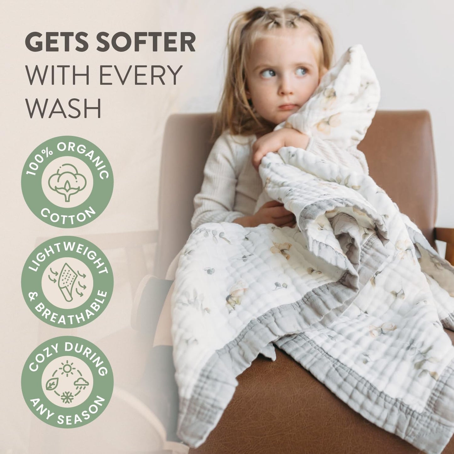 Organic Cotton Muslin Baby Blanket for Boys and Girls - Luxurious Soft Toddler Quilt for Swaddling - Gender Neutral Blankets Makes a Great Dream Big