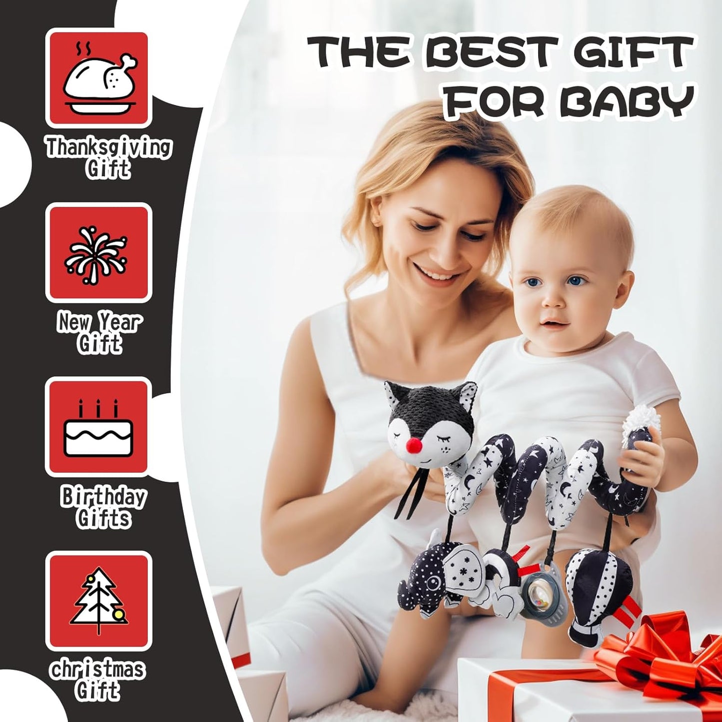 Jollybaby Crib Stroller Car Seat Toys for Baby 0-3-6-9-12 Months, Tummy Time Hanging Sensory Toys for Newborn with Music Box and Teether, Spiral Carseat Toy for Infant Boy Girl Gift (Black and White)