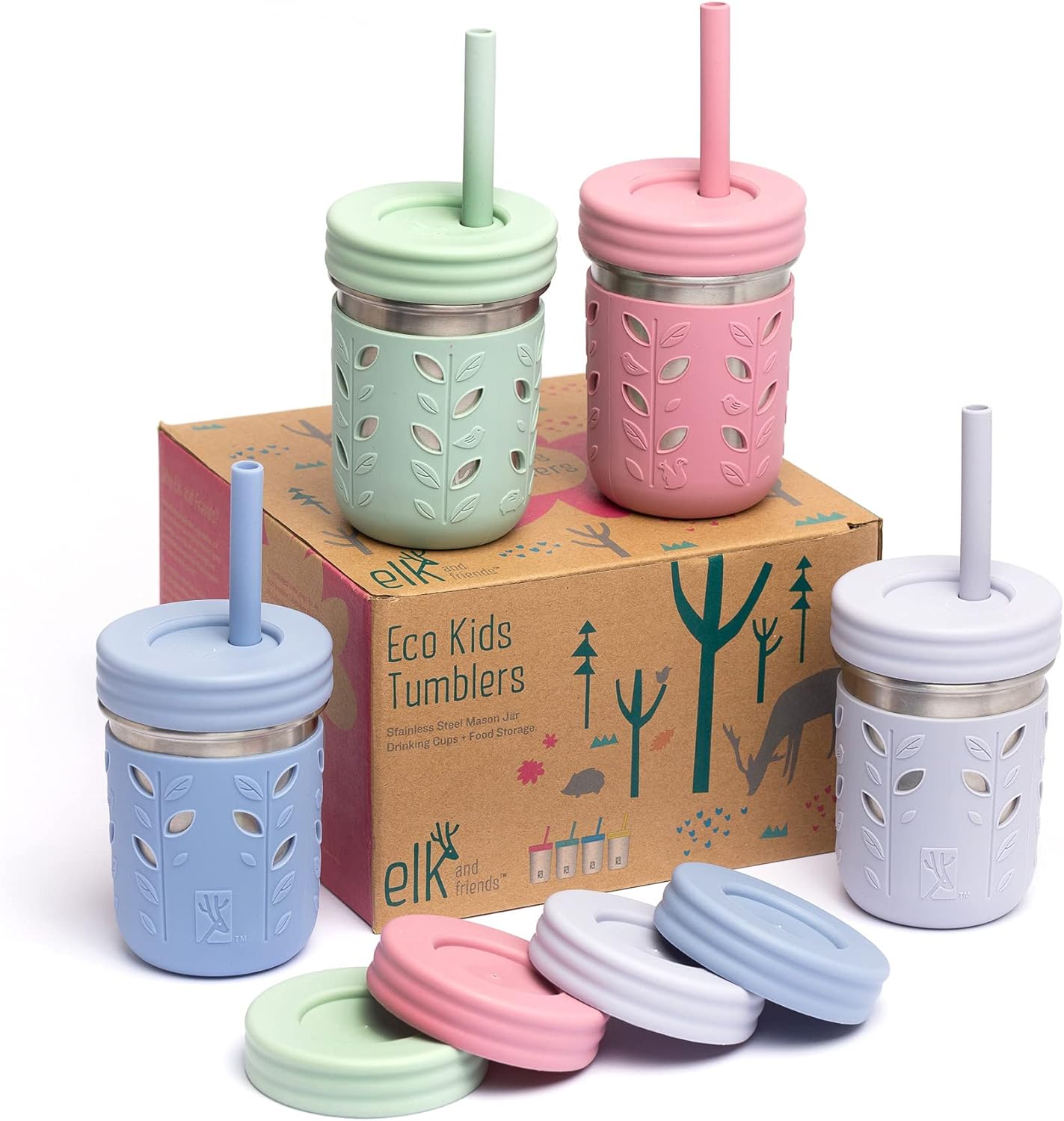 Elk and Friends 10oz Stainless Steel Kids + Toddler Drinking Cups | The Original Mason Jars with Lids + Sleeves + Straws | Smoothie Cups | Spill Resistant | Dishwasher Safe | 4 Pack