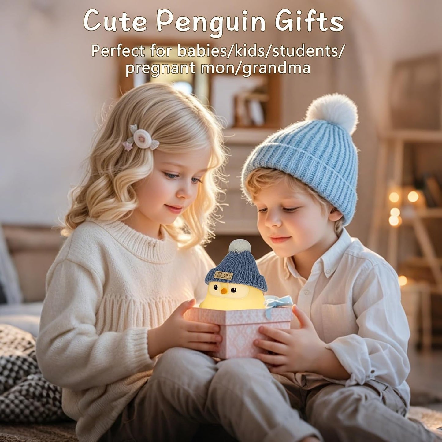 Penguin Lamp with Knit Hat,Kawaii Penguin Night Light,Food Grade Silicone,Dimmable Nursery Nightlight,LED Squishy Novelty Animal Lamp,Kids Room Decor,Funny Gifts for Kids Boys Girls Baby