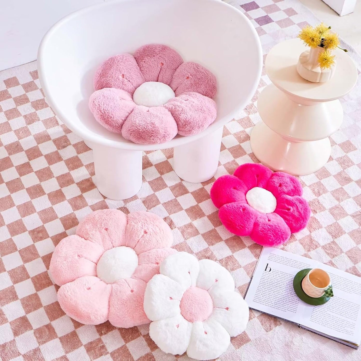 Flower Pillow, Cute Flower Shaped Decorative Pillow, Soft Rabbit Fur Daisy Pillow Home Decor Floor Seating Cushion for Bedroom Living Room (Dusty Pink 14.9 Inch)