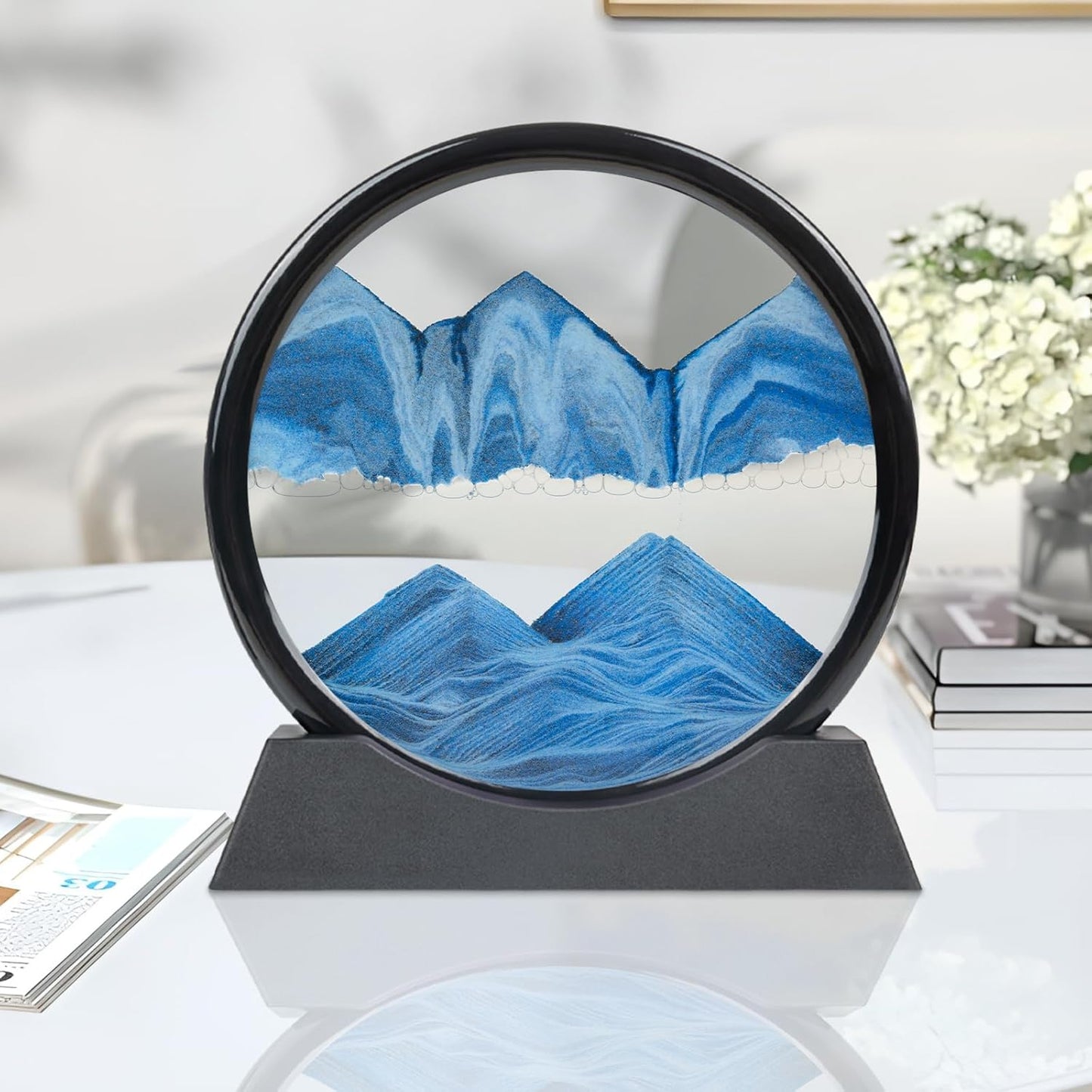 Drakswet Moving Sand Art Liquid Motion,Moving Sand Art Picture-3D Deep Sea Sandscape,Round Glass Frame Display Flowing Sand Relaxing Desktop Home Office Work Decor (12inch Blue)