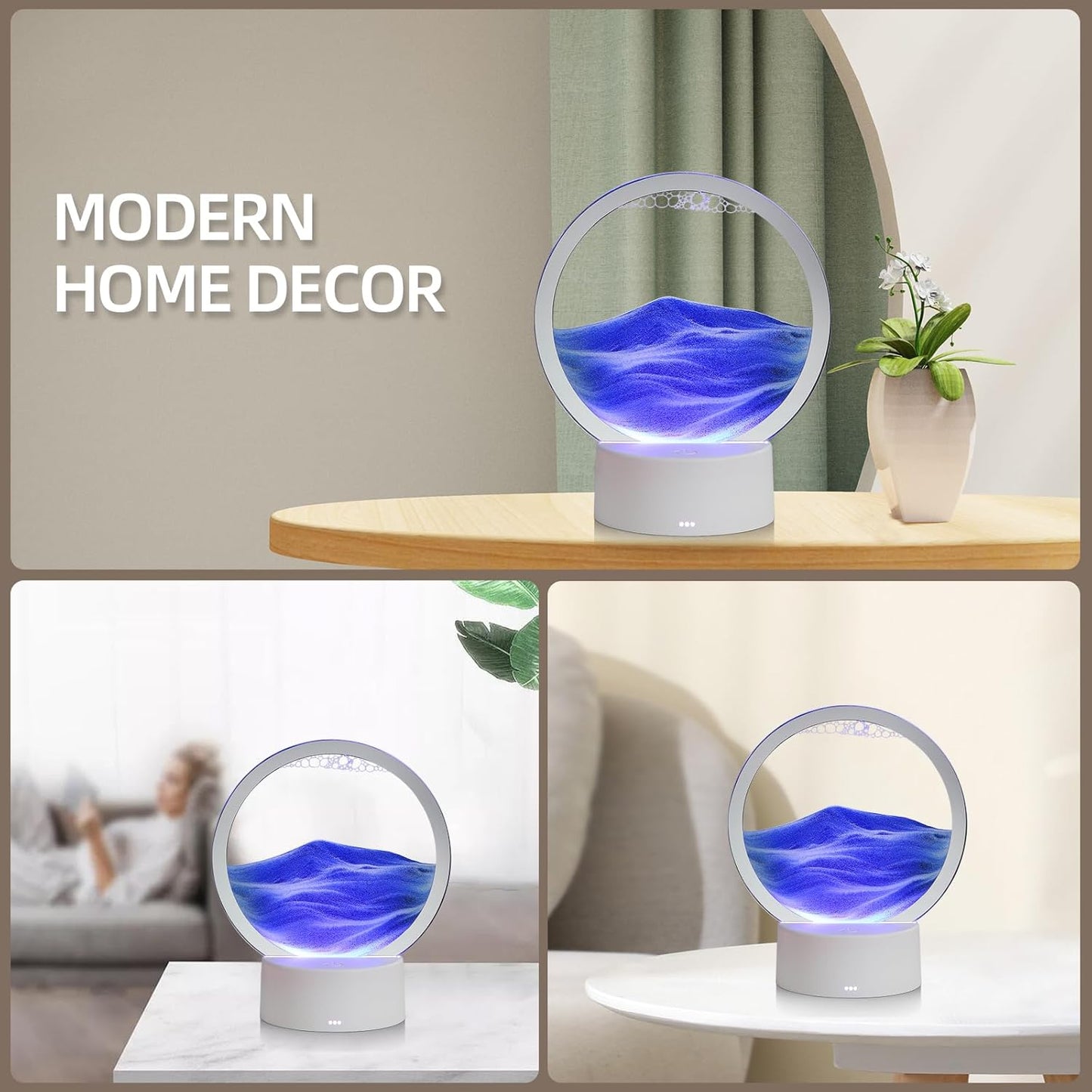 KPNUWN Moving Sand Art Liquid Motion, 3D Deep Sea Sandscape Color Quicksand Decor, Round Glass Moving Sand Art Picture Relaxing Desktop Home Office Work Decor (7 inch-Blue Light)