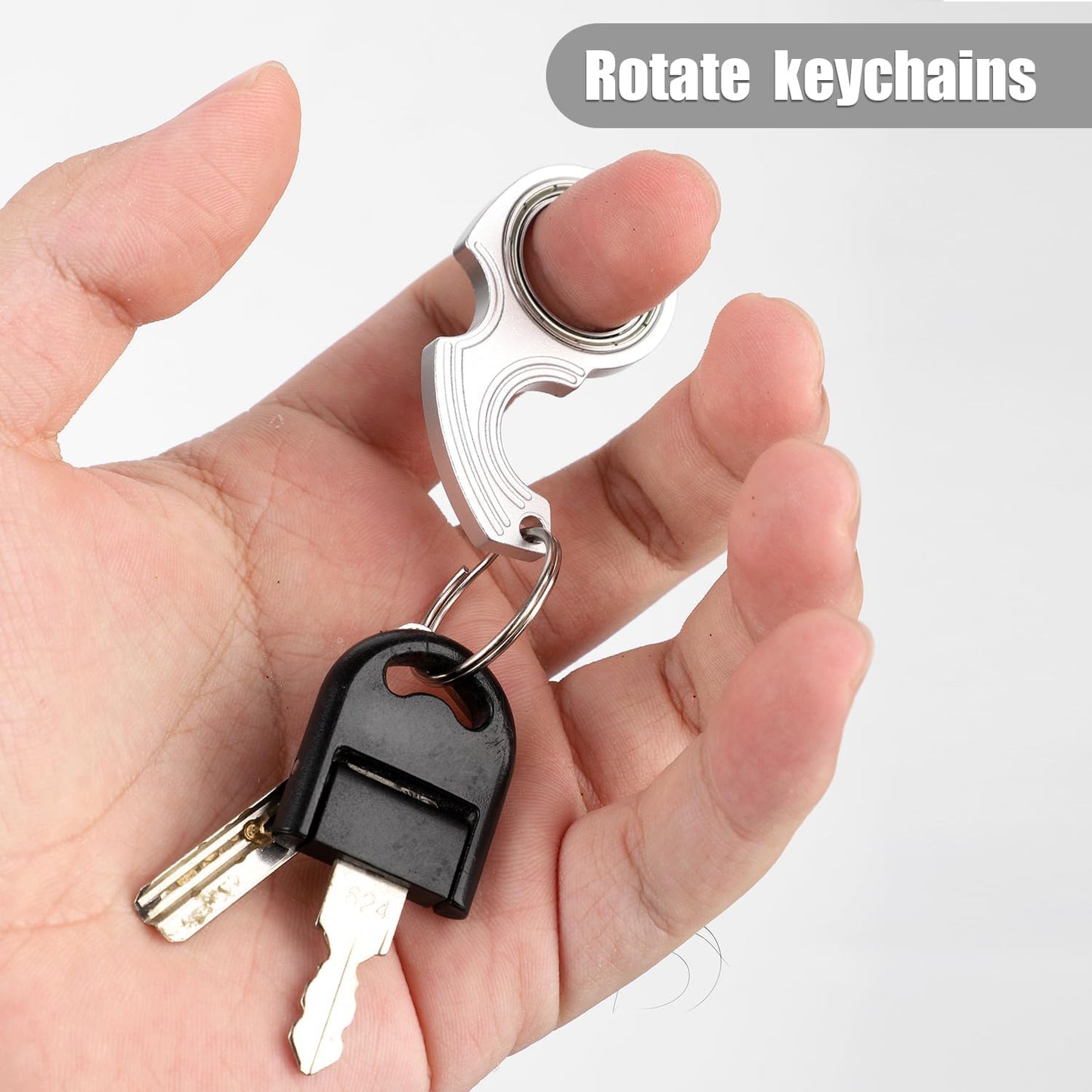 2pcs Key Chain Spinner Fidget Toy, Portable Finger Spinning Keychain with 2pcs Key Ring Funny Key Holder Toys for Adults Teens Finger Exercising (Silver)