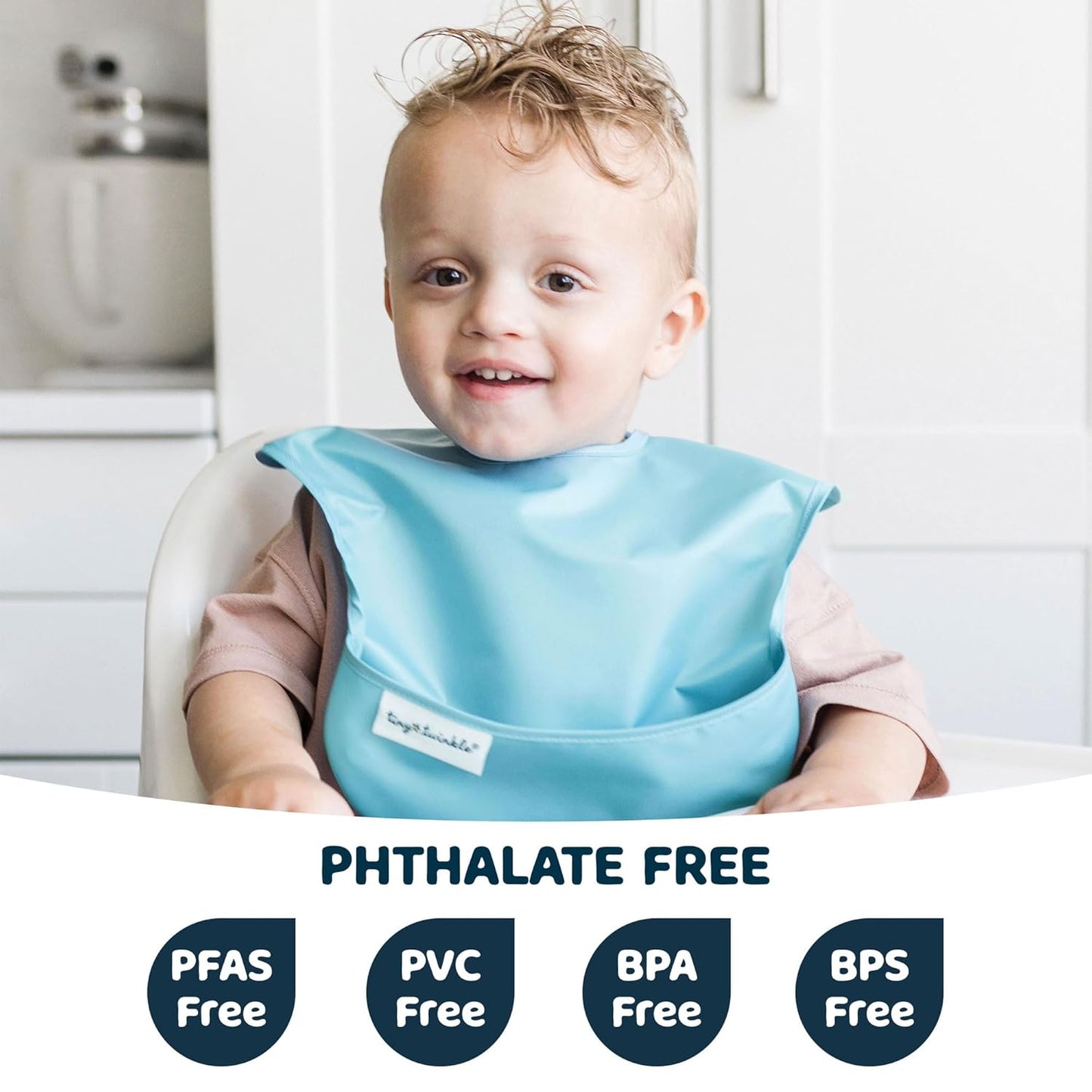 Tiny Twinkle Mess Proof Baby Bibs for Eating - Waterproof, Wipeable Bibs - Toddler Bibs - Travel Friendly - PFAS, PVC, BPA, Phthalate Free - Baby Food Bibs (3 Pack,Slate, Olive)