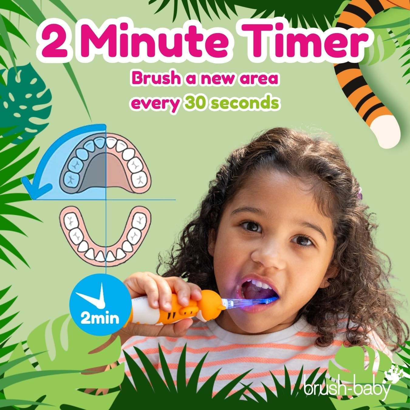 brush-baby WildOnes™ Rechargeable Kids Electric Toothbrush – Toby Tiger | Flashing Lights, 2-Min Timer, Waterproof, 3 Brush Heads | Toddler & Child Toothbrush Ages 0-10 | Soft Bristles