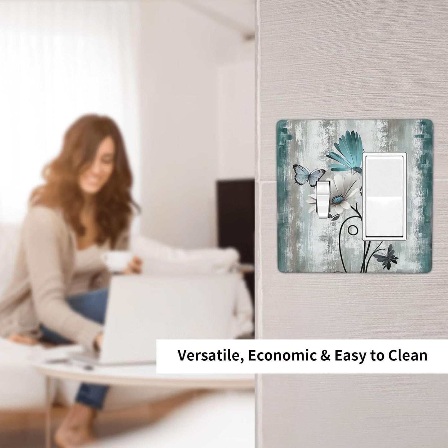 Outlet Covers Rustic Teal Daisy Floral Flowers Butterfly Wood Grain 1 Toggle 1 Rocker Combination Decorative Wall Plate Electrical Switch Plates Light Switch Cover Plate for Bedroom Decor