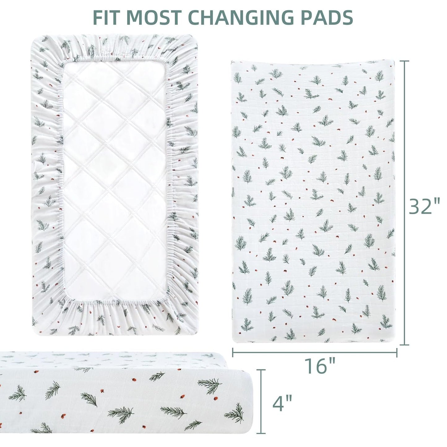 LifeTree 2 Pack Changing Pad Cover Unisex - Soft Muslin Fitted Changing Table Sheets - 16"x32" Organic Cotton - Pine Needles and Roman Green