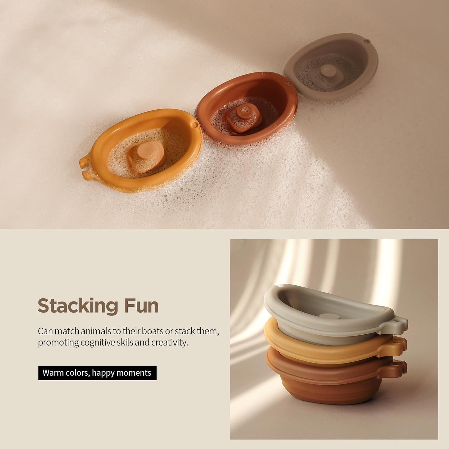 Nueplay Bathtub Toys for Toddlers 18M+,Baby Bath Toys with Animal Finger Puppets,Stackable Boat Train,Easter Bunny Gifts for Baby & Toddlers Set of 6