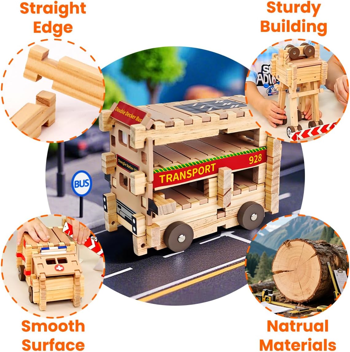 Jovi-mindly&Notchies Wooden Blocks Train Set 101 PCS Create 40+ Shapes,Toys Educational Wooden Building Blocks Puzzles for Kids Ages 5-8 Boys and Girls,Truck/Excavator,FSC Certified,Graduate Gifts
