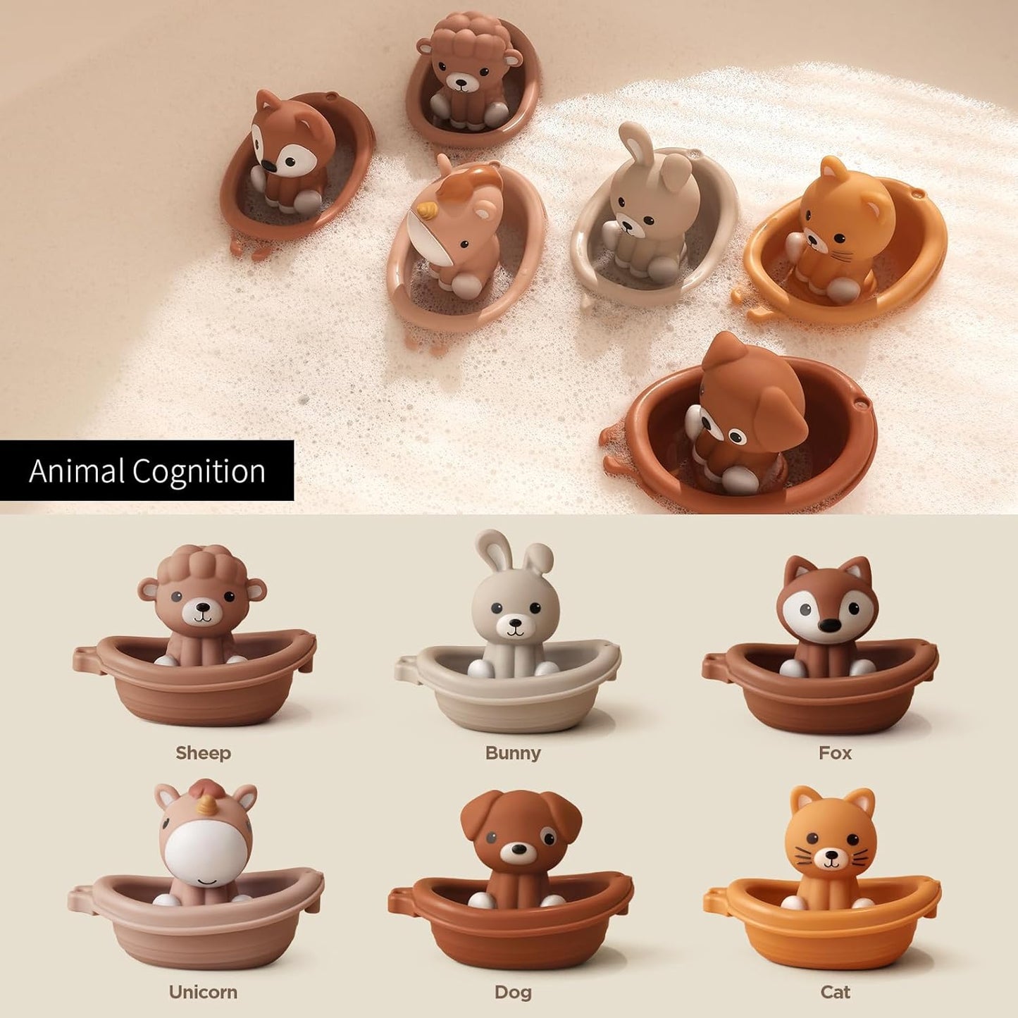 Nueplay Bathtub Toys for Toddlers 18M+,Baby Bath Toys with Animal Finger Puppets, Stackable Boat Train ,Gift for Baby & Toddlers Set of 12