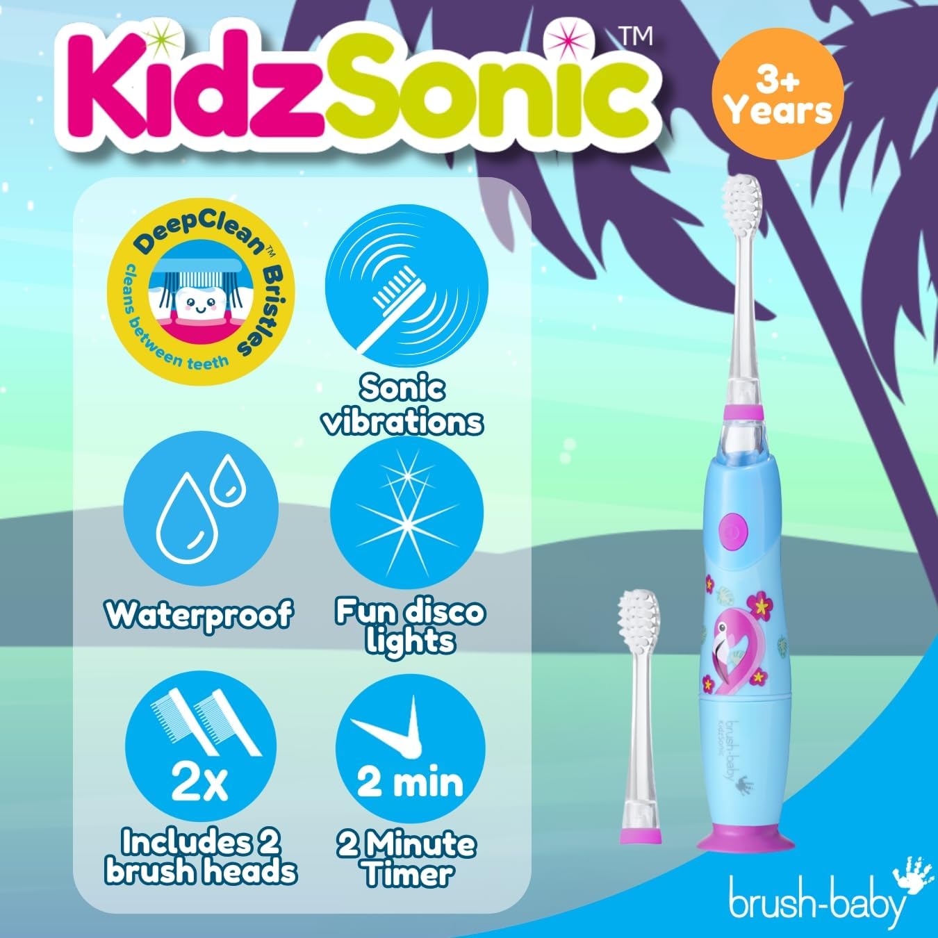 Brush‑Baby - KidzSonic Flamingo Kids Electric Toothbrush for Ages 3+ with Disco LED Lights, Gentle Sonic Vibrations, 2-Minute Smart Timer & 30‑Second Pulse Reminders – AAA Battery Included