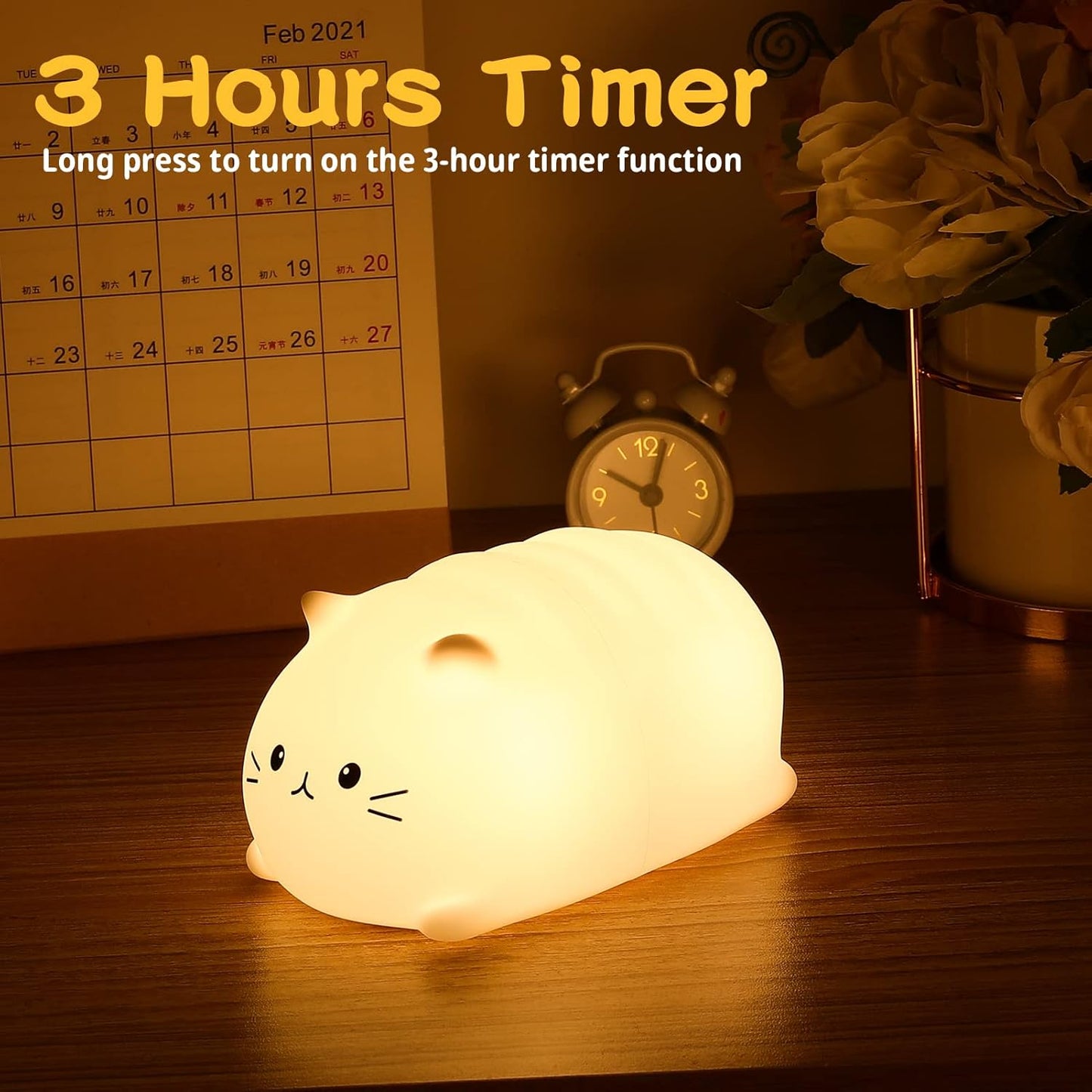 Tremdwoto Cat Night Light for Kids,Cute Colorful Night Light Baby Girl Squishy Night Light Lamp 3 Hour Timer Kitty Light USB Rechargeable Nursery Lamp Nightlight ,Gifts for Boys and Girls