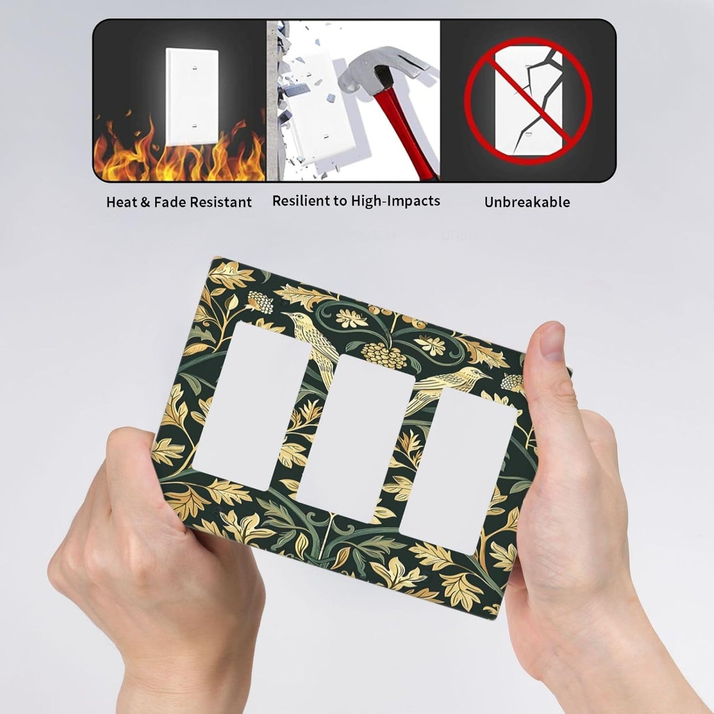 Light Switch Covers William Morris Vintage Botanical Birds Golden Green Leaves 3 Gang Rocker Electrical GFCI Decorative Triple Outlet Wall Plate Cover Switchplate for Bedroom Home Decor