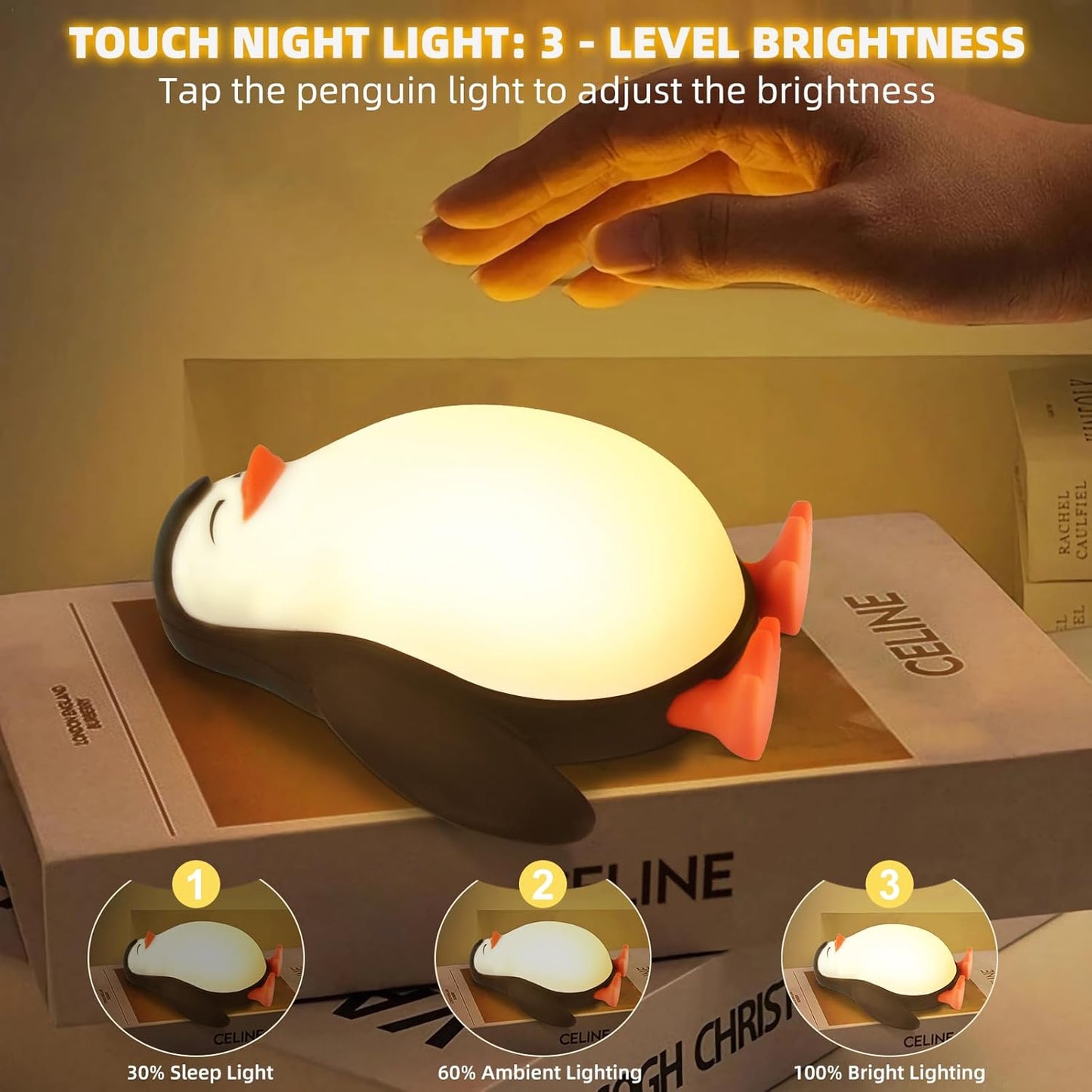 Tcamp Cute Penguin Night Light for Kids, 3 Level Dimmable Nursery Nightlight Lamp, Cute Silicone Squishy Lighted Penguin Tap Light, Rechargeable Bedside Touch Lamp for Toddler Baby
