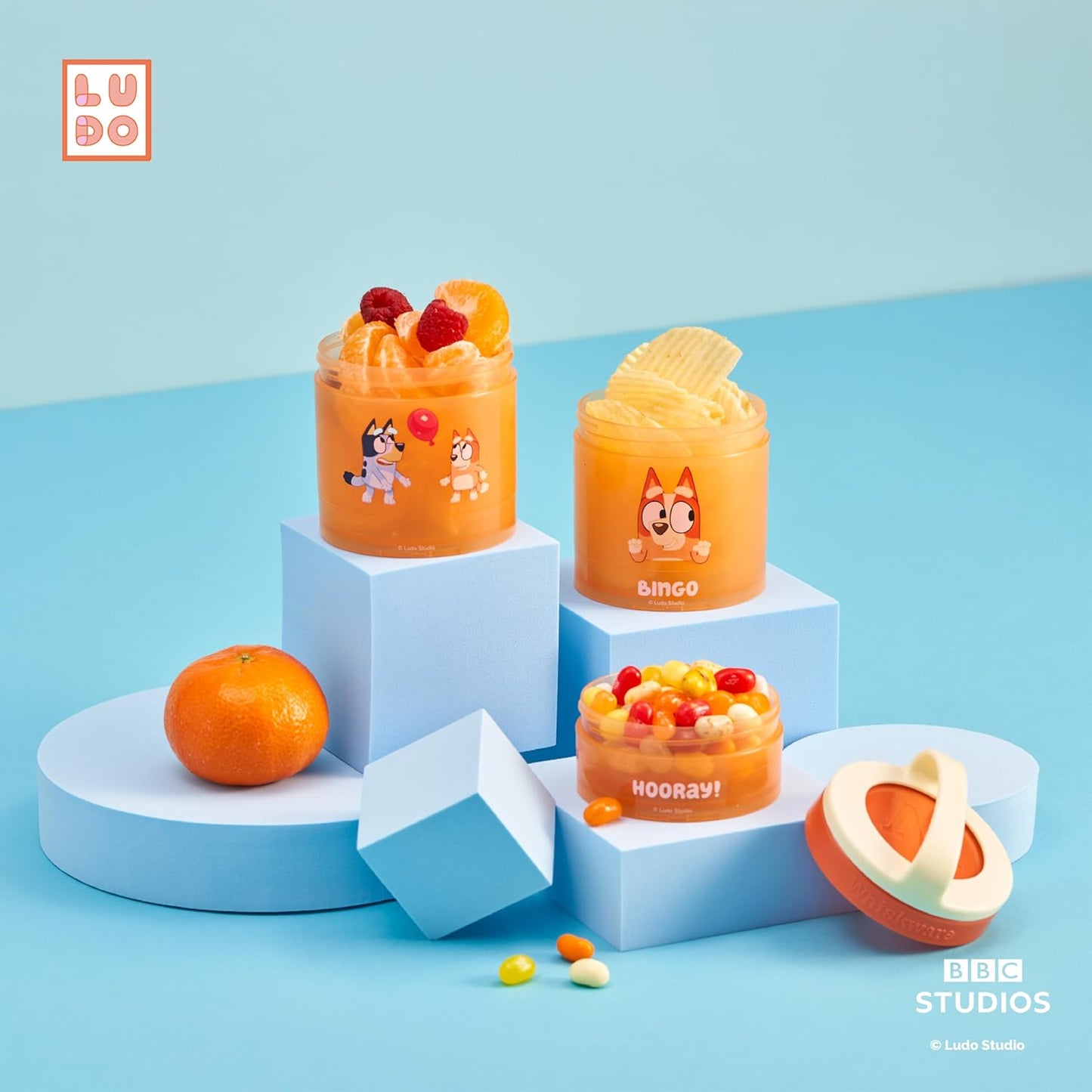 Whiskware Bluey Stackable Snack Containers for Kids and Toddlers, 3 Stackable Snack Cups for School and Travel, Bluey and Bingo, Hooray!