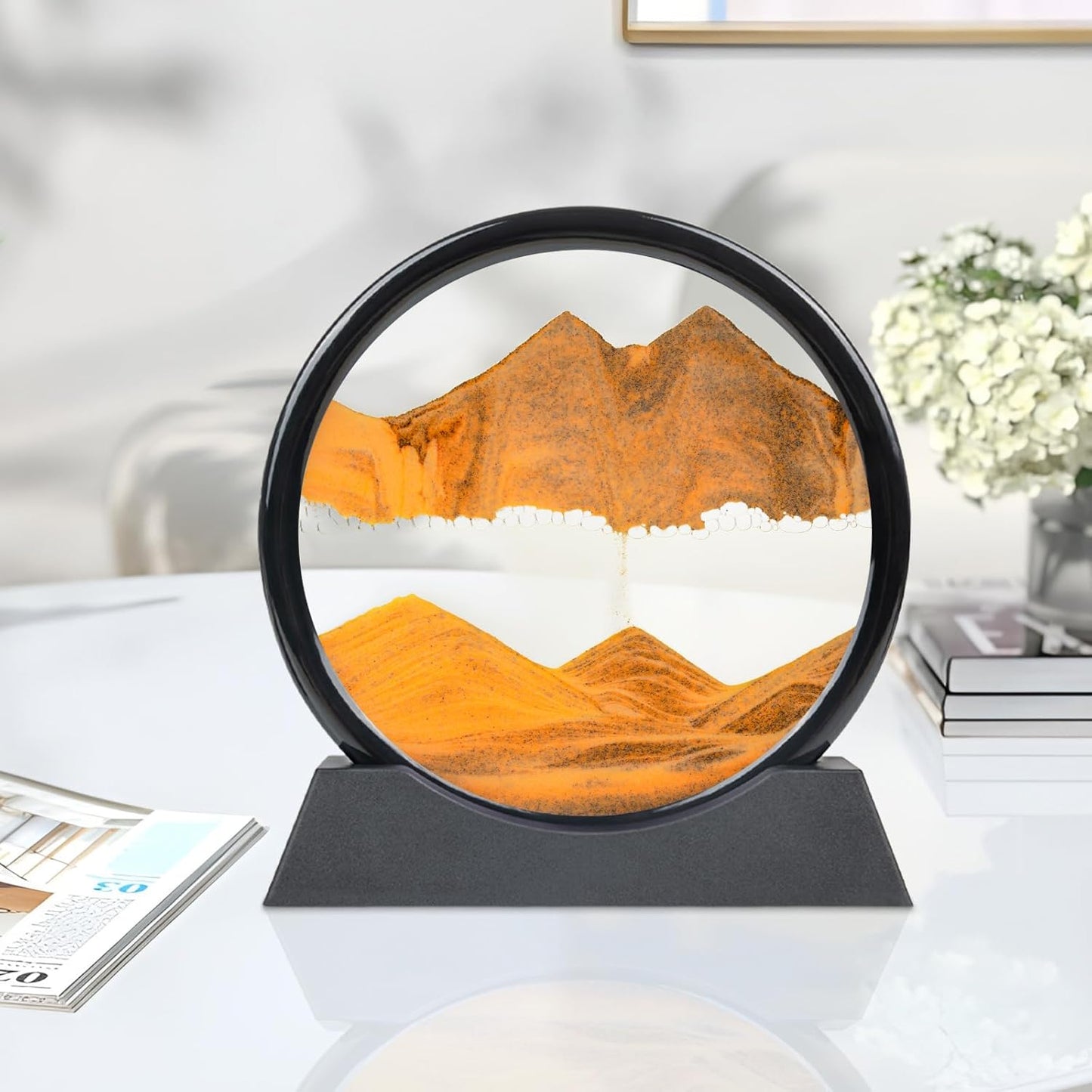 Drakswet Moving Sand Art Liquid Motion,Moving Sand Art Picture-3D Deep Sea Sandscape,Round Glass Frame Display Flowing Sand Relaxing Desktop Home Office Work Decor (Orange)