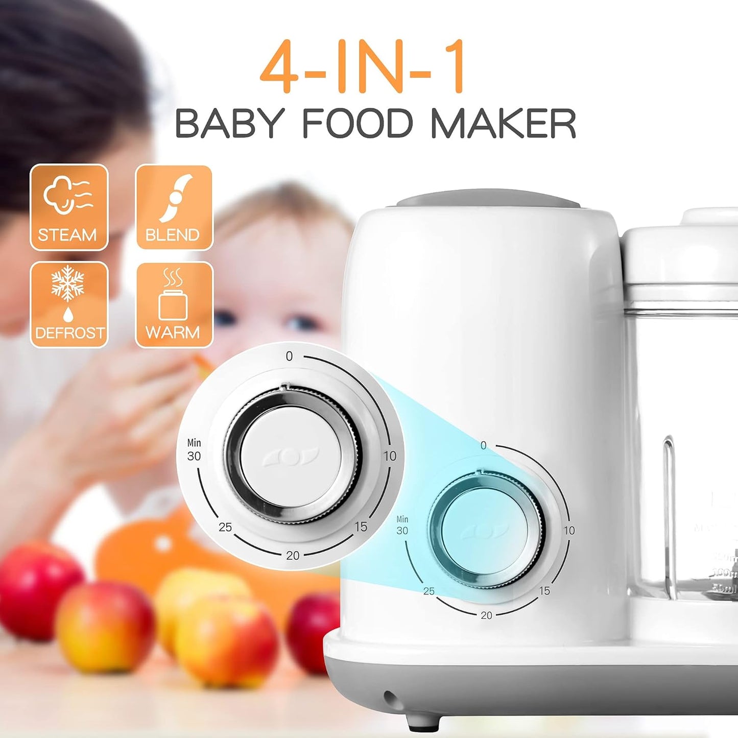 Baby Food Maker, 4 in 1 Baby Food Processor and Steamer, Puree Blender, Multifunctional Baby Puree Maker, Dishwasher Safe (White)