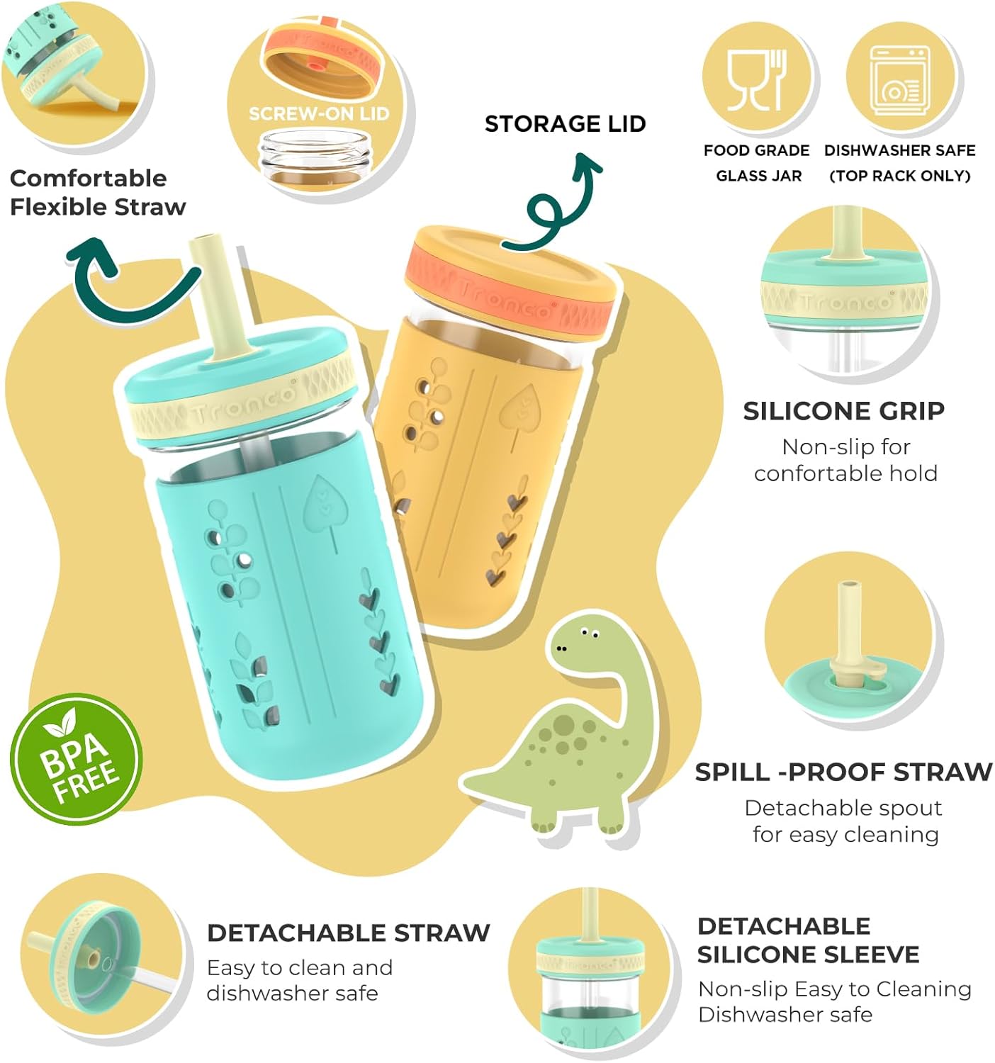 Tronco 12 oz Glass Sippy Cup for Kids & Toddlers | Mason Jar Smoothie Cups with Spill-Proof Silicone Straws, Non-Slip Silicone Sleeves & Lids, BPA-Free Snack Cups, Dishwasher Safe