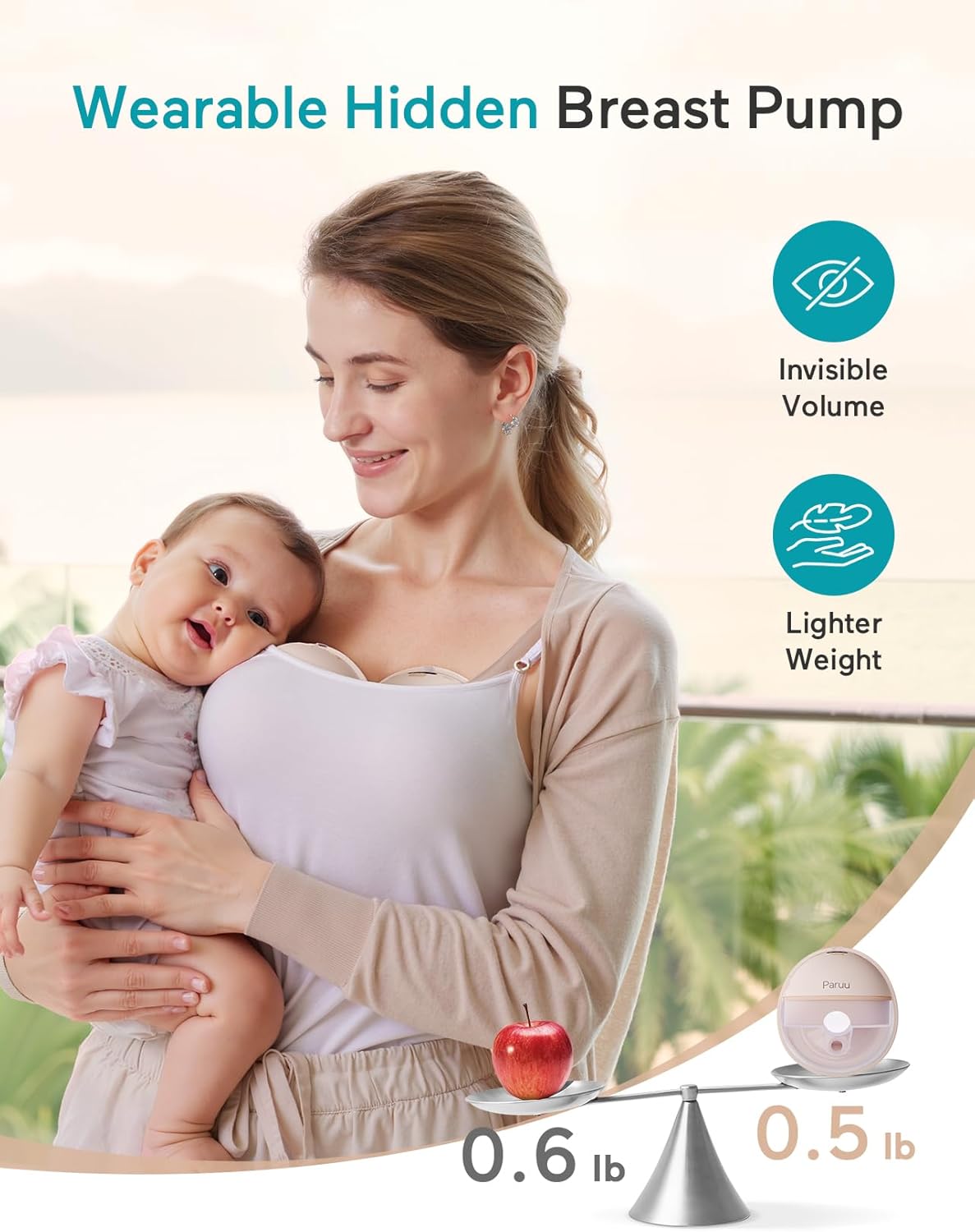 Paruu Hands Free Breast Pump P16, Wearable Breast Pump Electirc Portable with 4 Modes & 12 Levels, Max 309mmHg Strong Suction 19/21/24mm Flange Inserts Wearable Breastfeeding Pump, 2 Pack(Nude